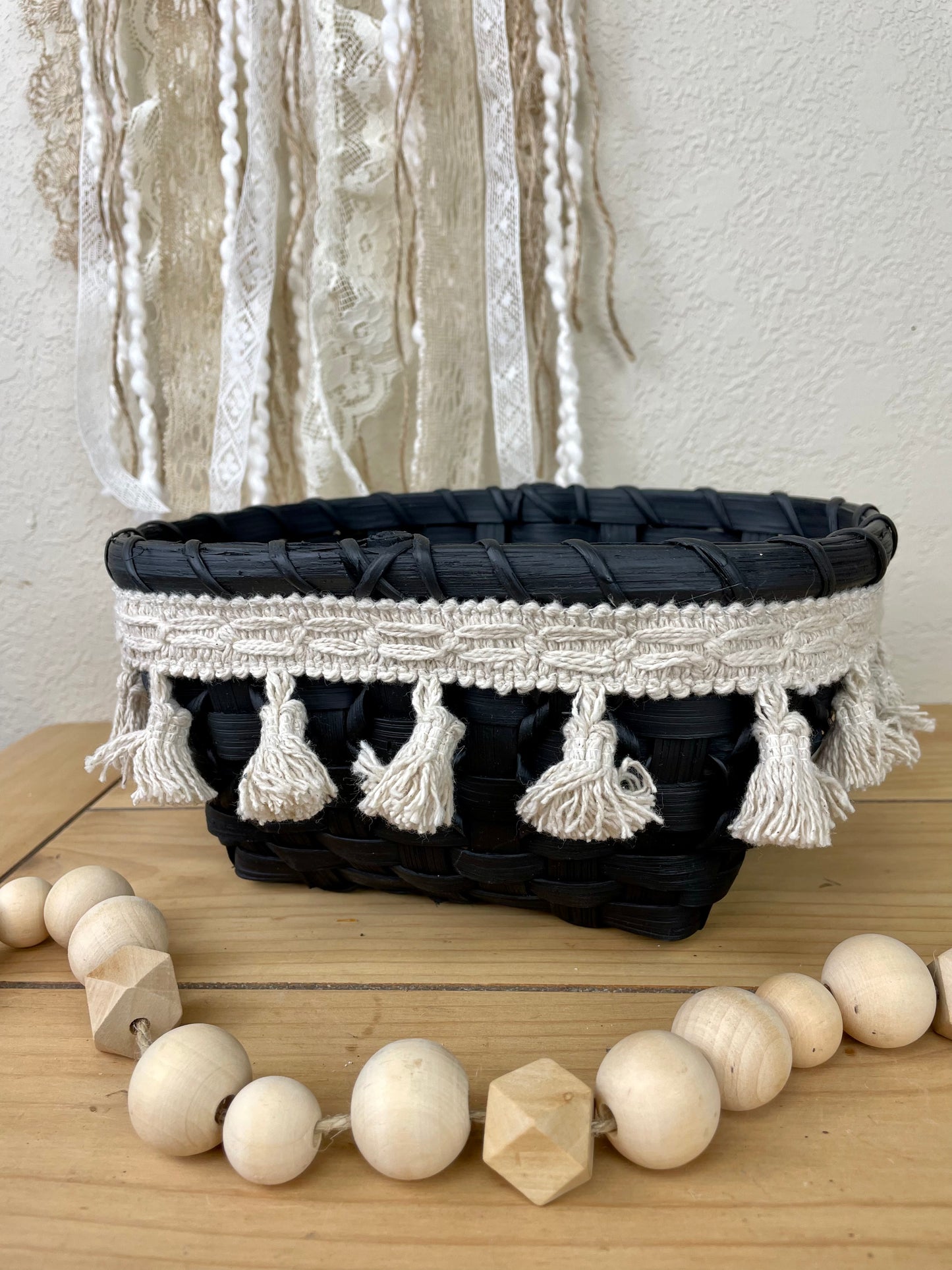 Upcycled Boho Black Basket with Tassels