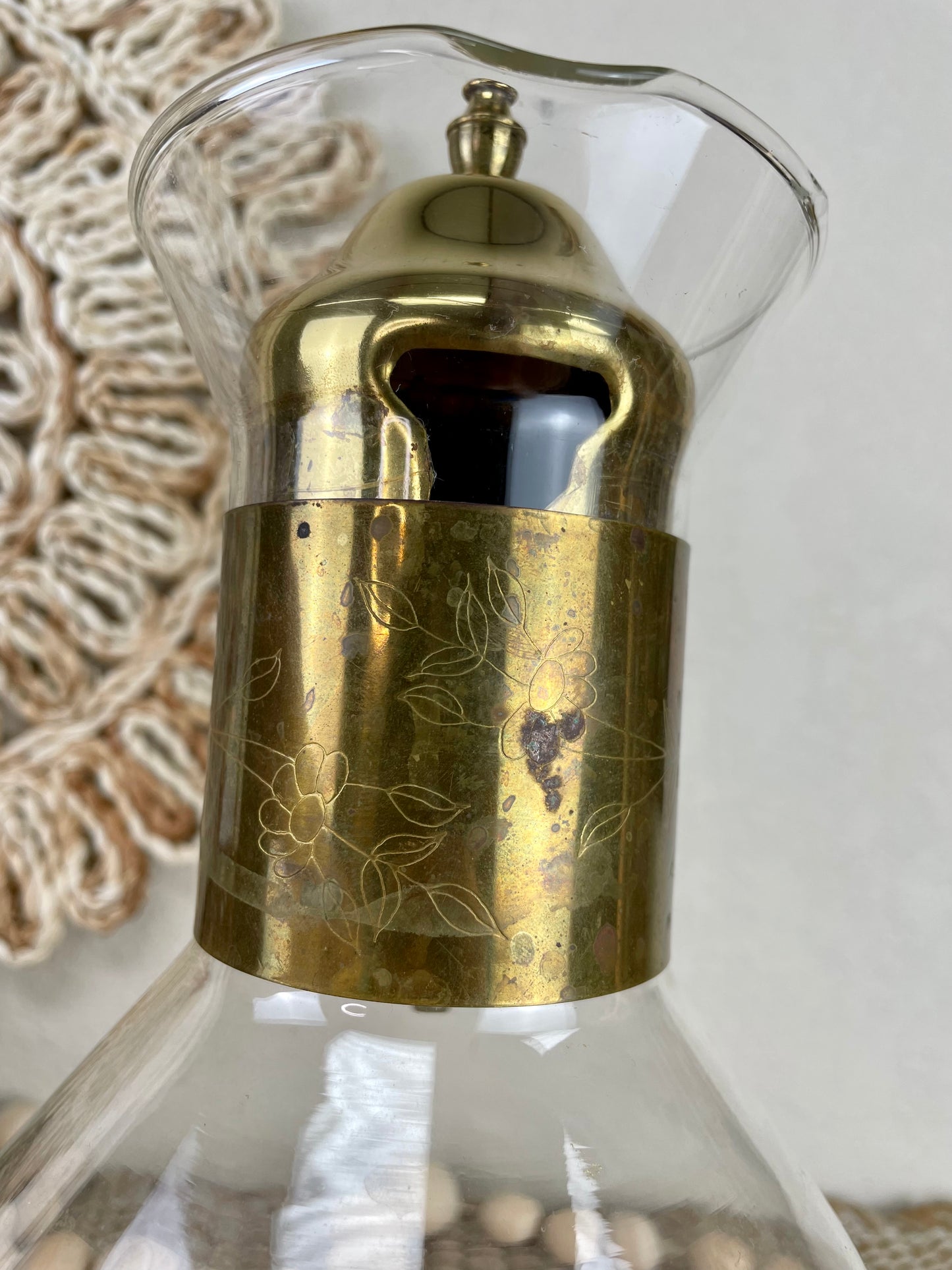 Vintage Brass Banded Glass Coffee Server with Lid