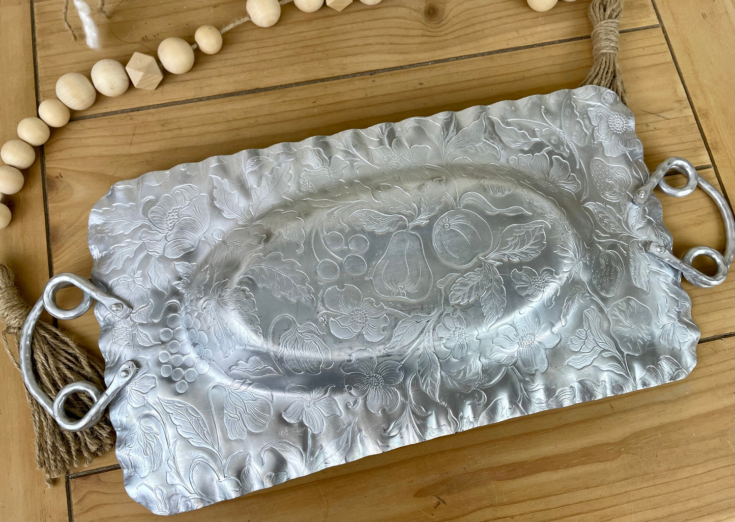 Vintage Hammered Aluminum Tray with Fruit Details