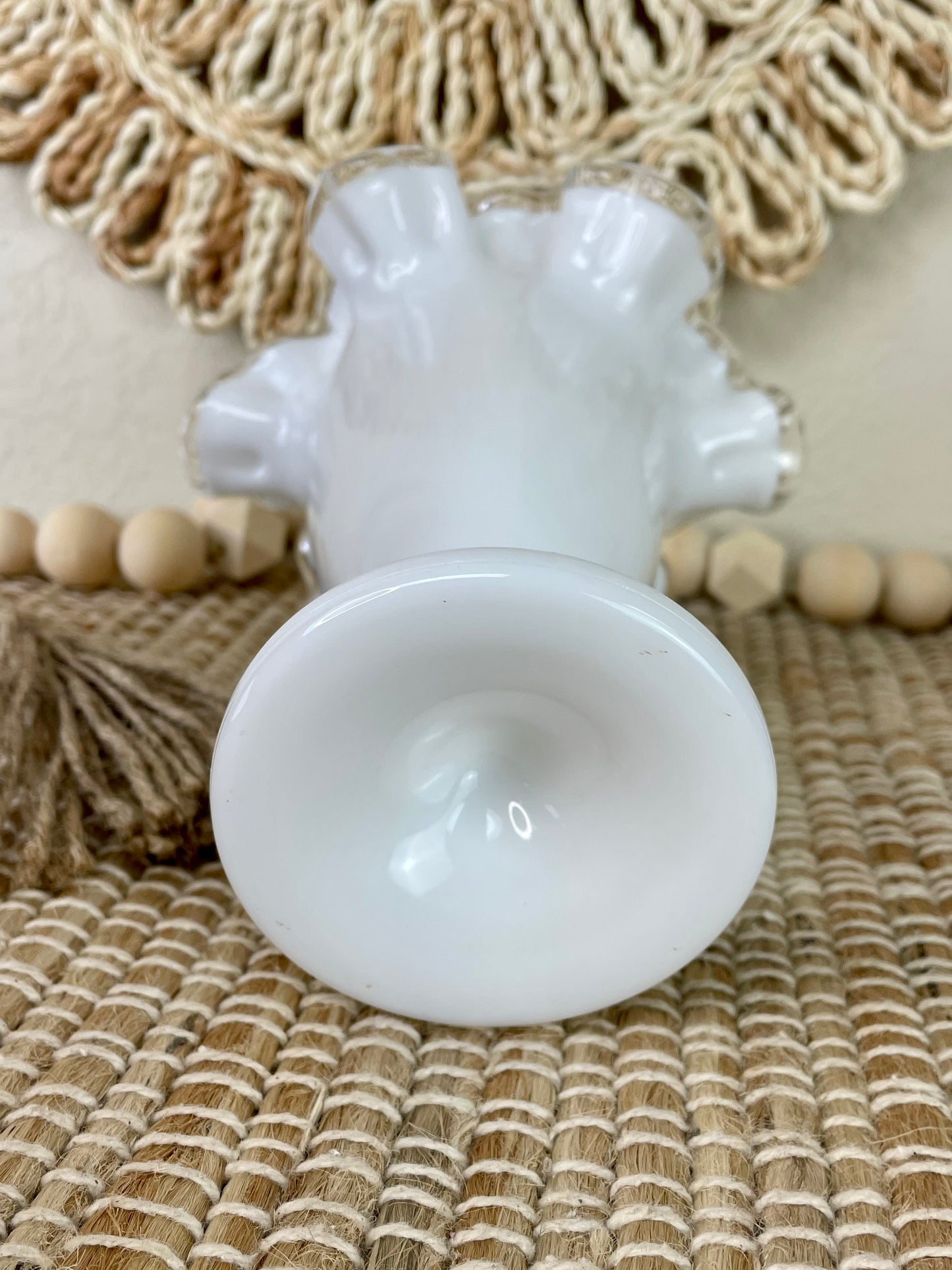 Vintage Fenton White Milk Glass Silver Crest Spanish Lace Trumpet Vase