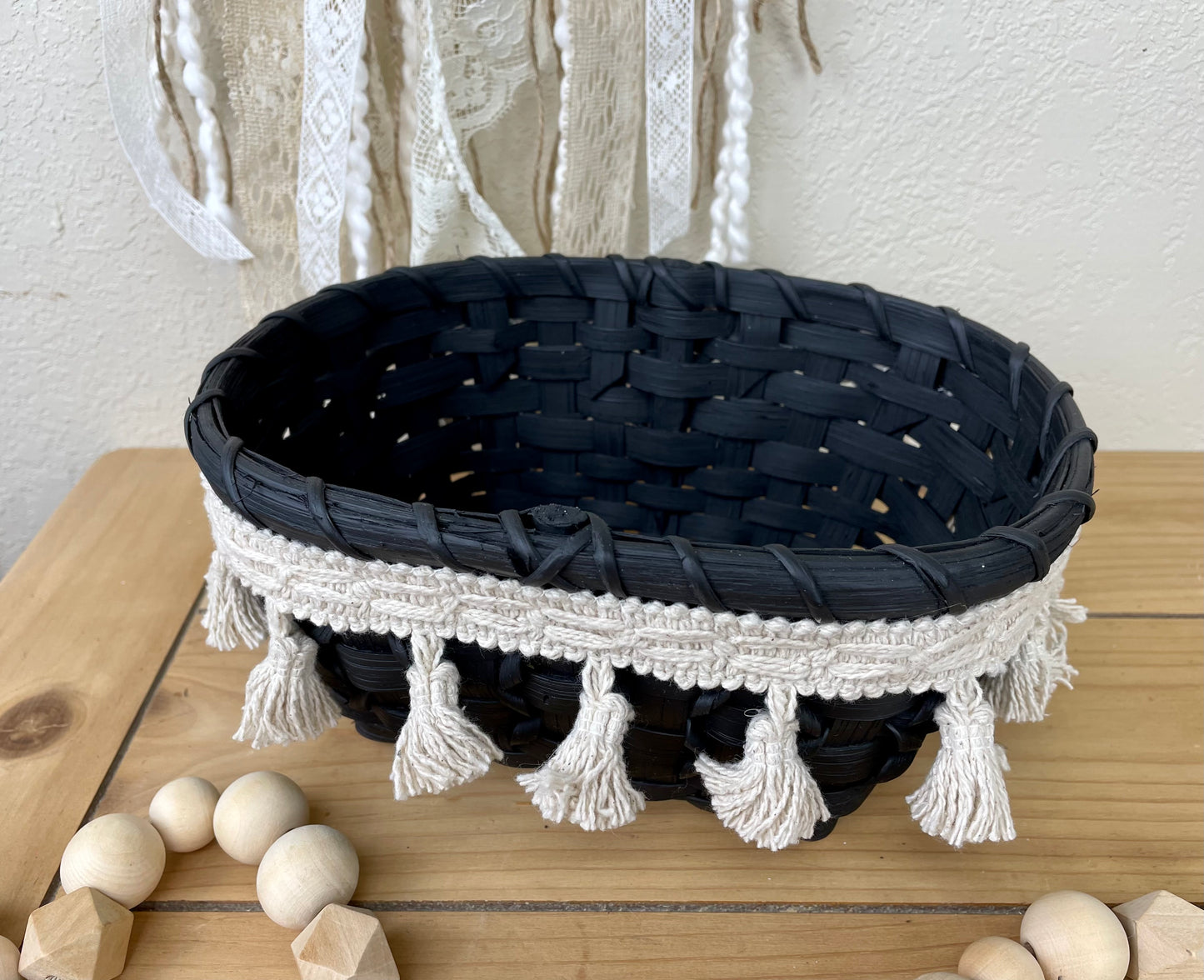 Upcycled Boho Black Basket with Tassels