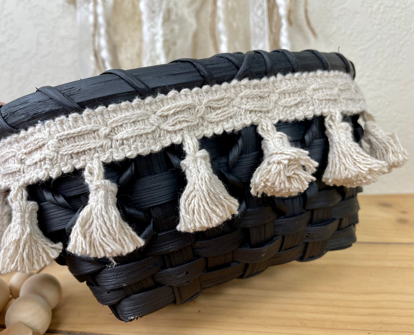 Upcycled Boho Black Basket with Tassels