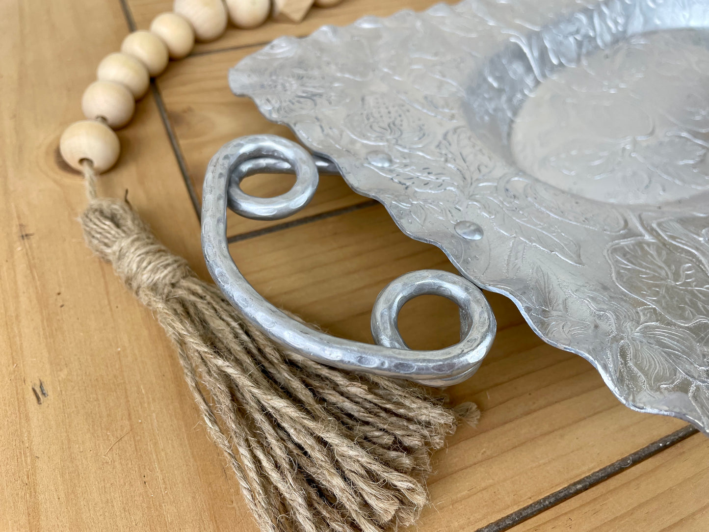 Vintage Hammered Aluminum Tray with Fruit Details