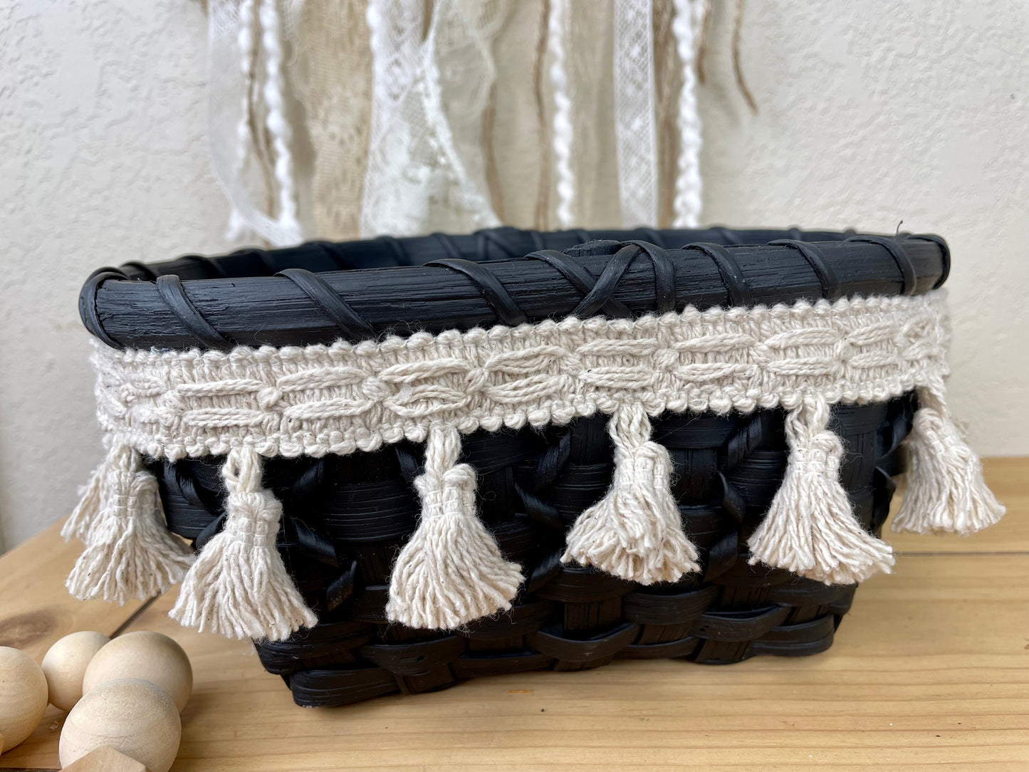 Upcycled Boho Black Basket with Tassels