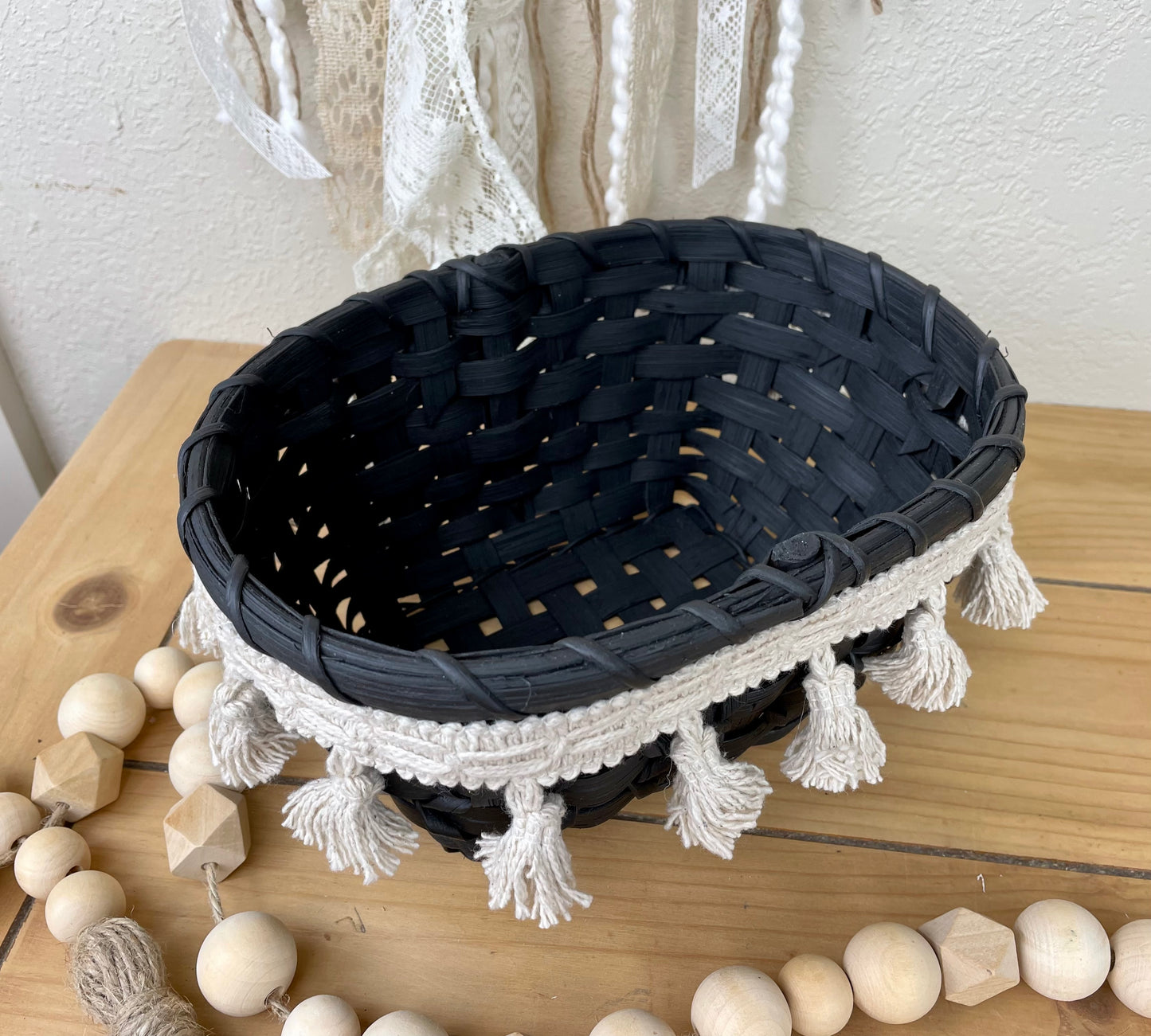 Upcycled Boho Black Basket with Tassels