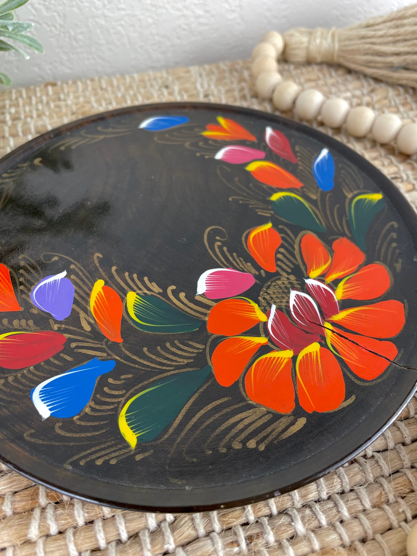 Vintage Boho Hand Painted Wooden Tray