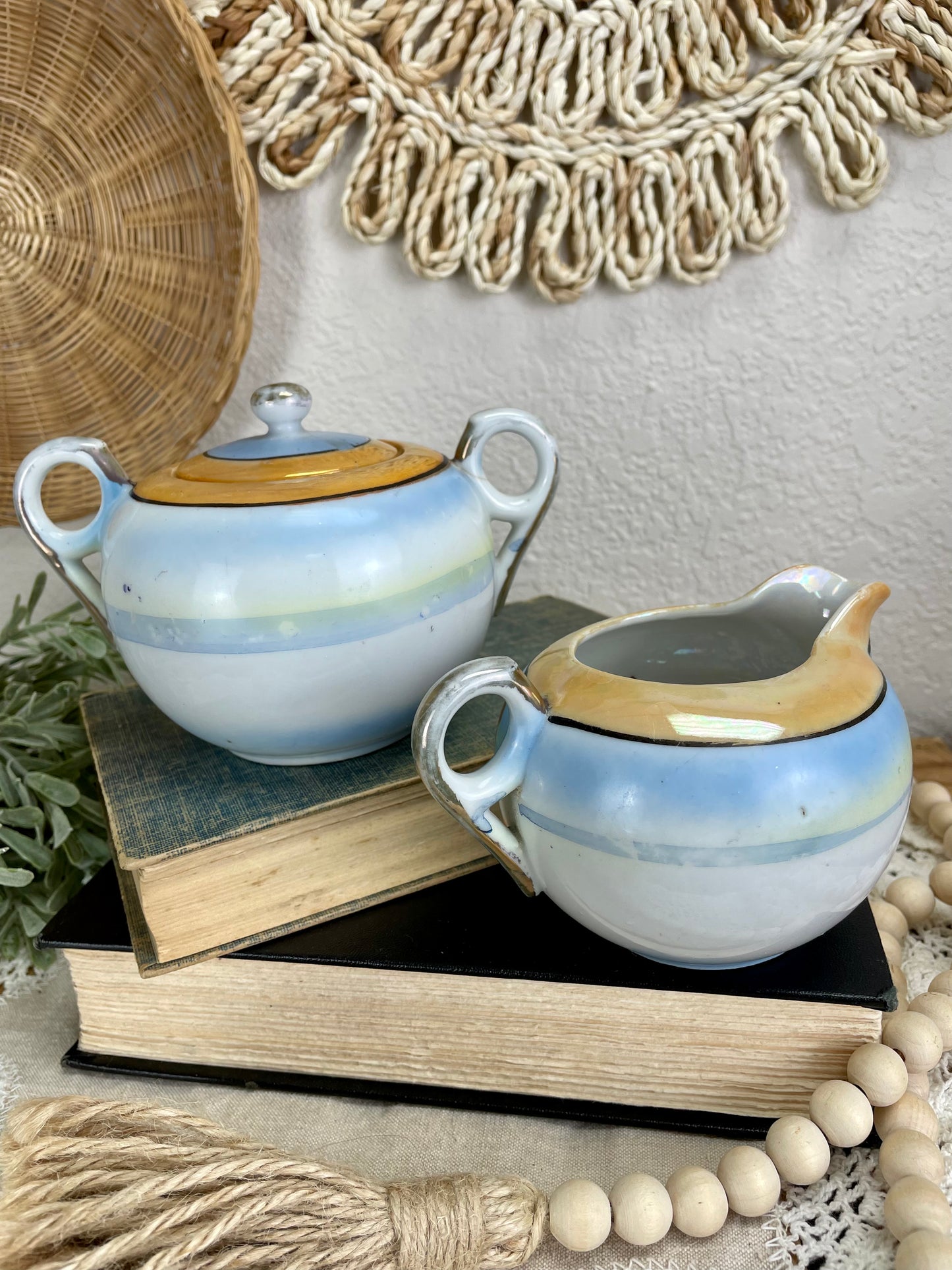 Vintage Hand Painted Japanese Lusterware Creamer and Sugar Set