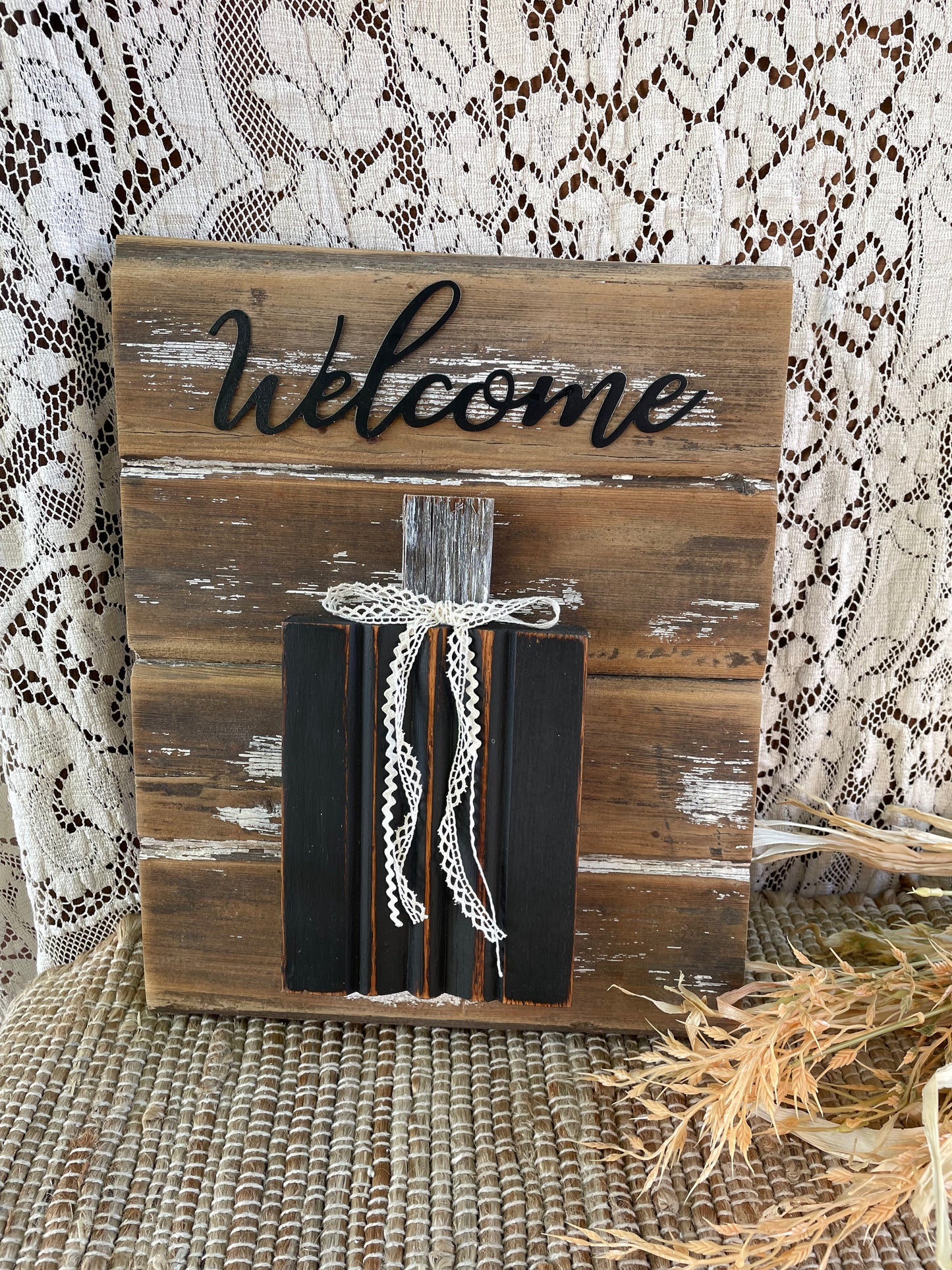 Handmade Barn Wood Black “Welcome” Pumpkin Sign