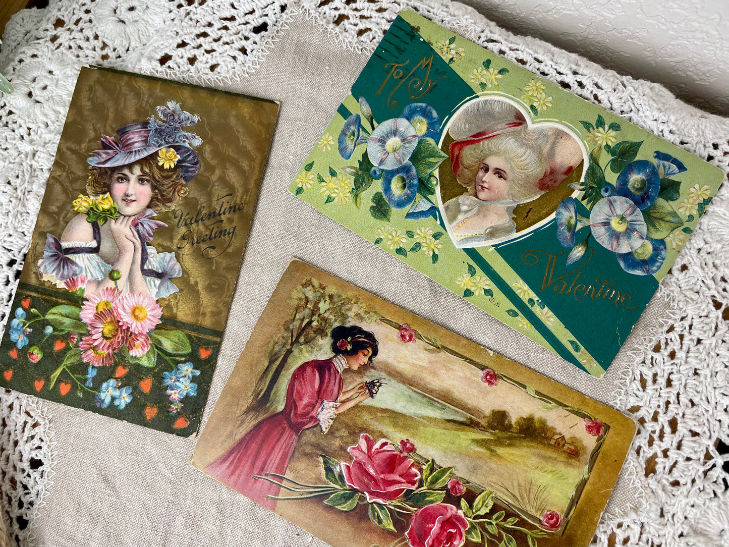 Vintage Victorian Valentines Postcards Set of 3