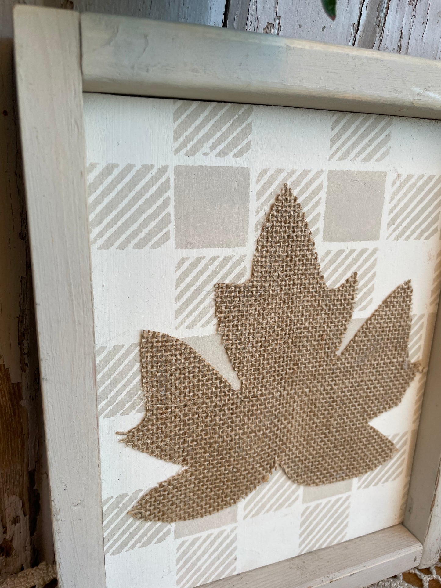 Handmade Reclaimed Wood Burlap Leaf Sign