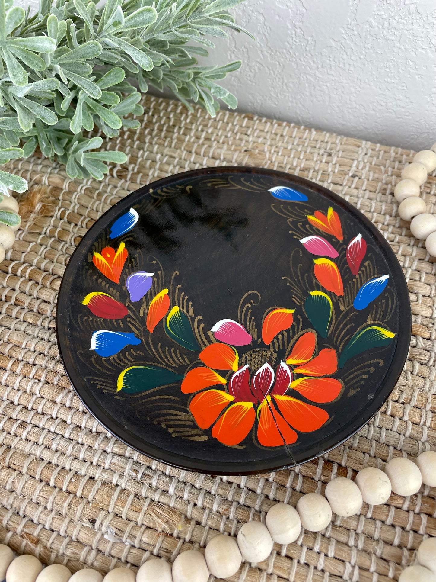 Vintage Boho Hand Painted Wooden Tray