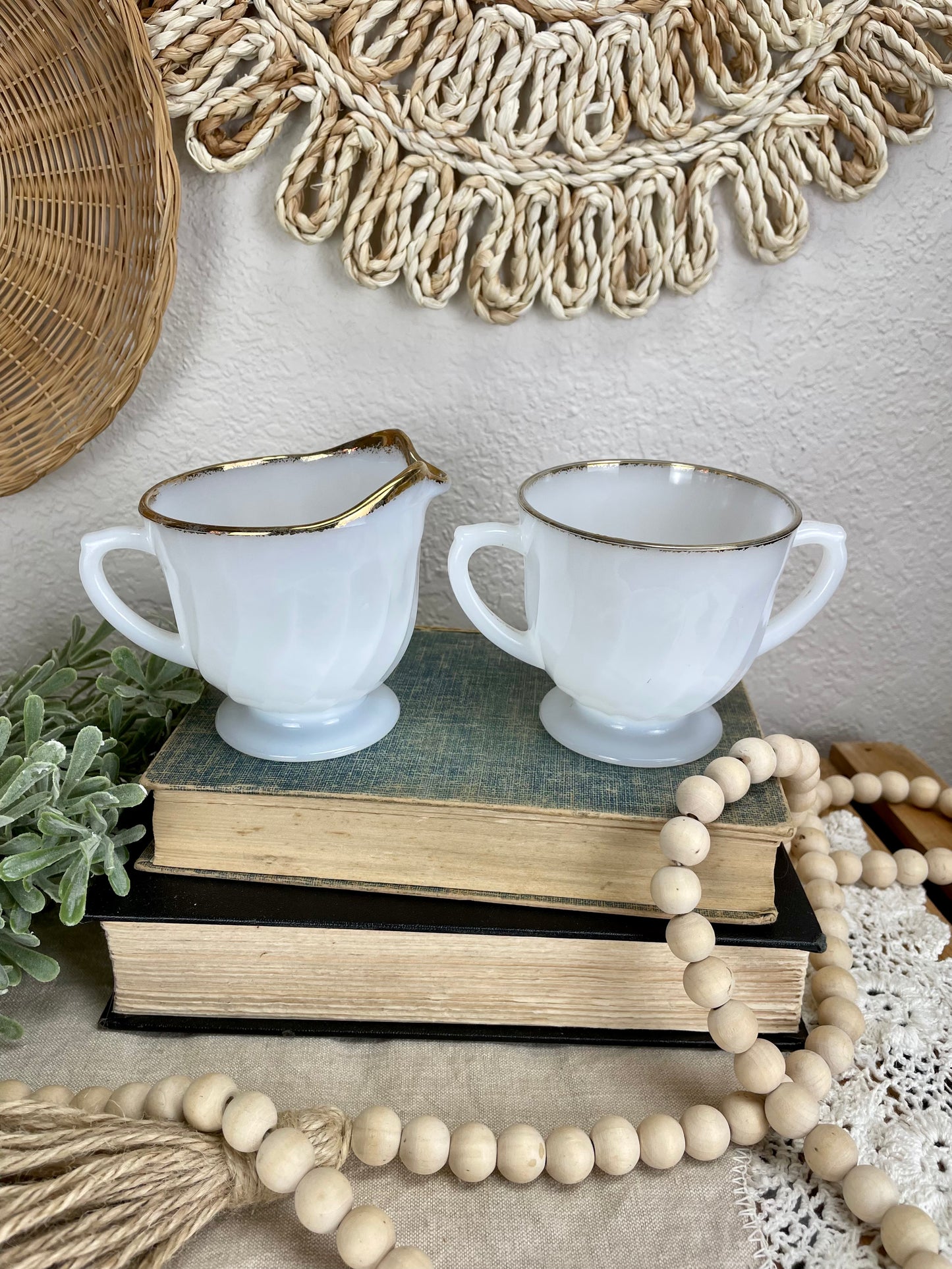 Vintage Fire King Milk Glass Creamer & Sugar Set