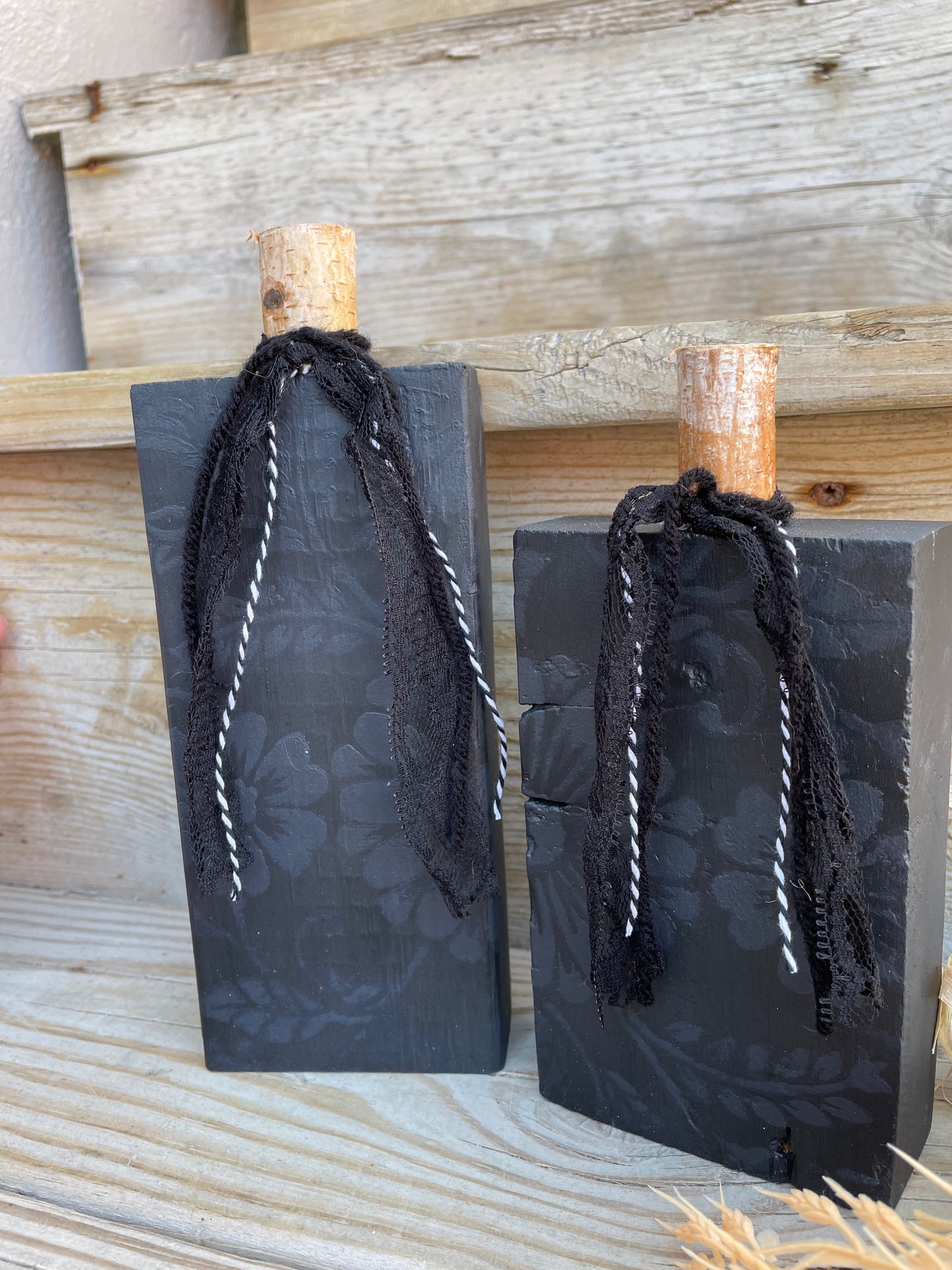 Handmade Reclaimed Black Floral Pumpkin Set