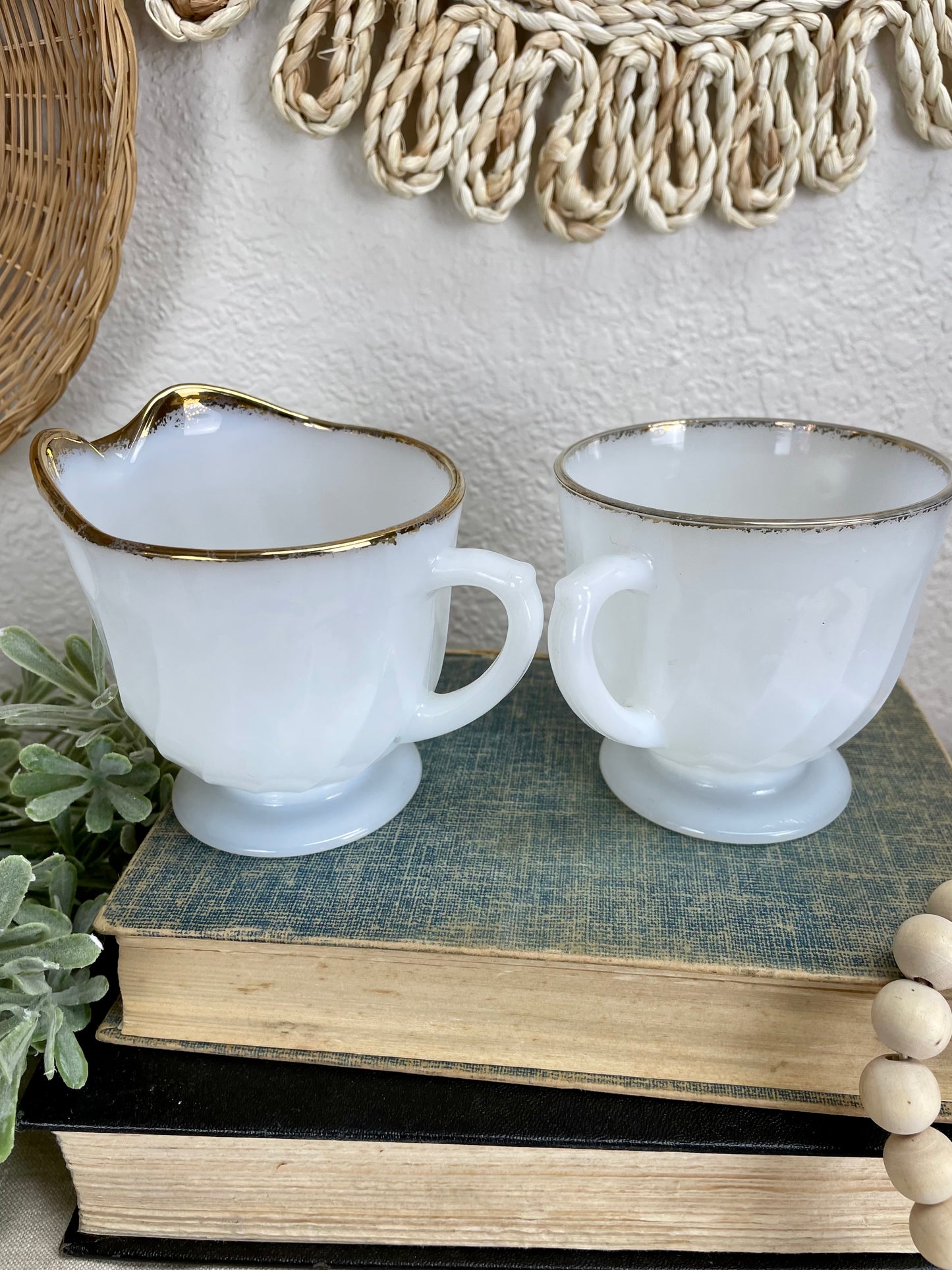Vintage Fire King Milk Glass Creamer & Sugar Set