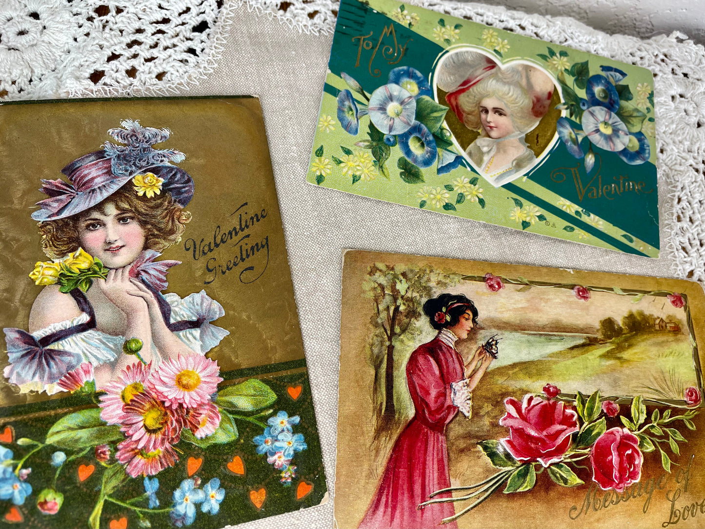 Vintage Victorian Valentines Postcards Set of 3