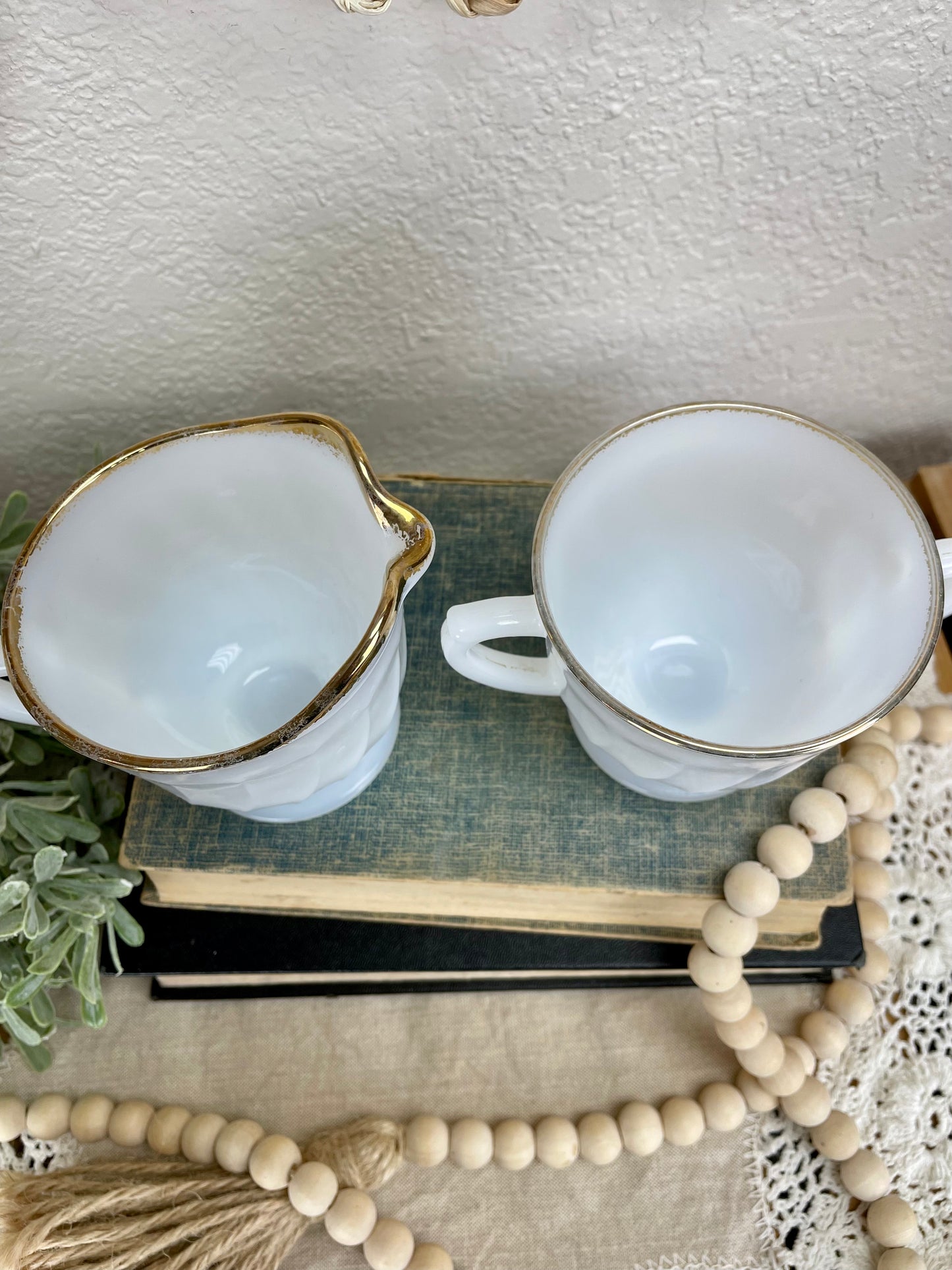 Vintage Fire King Milk Glass Creamer & Sugar Set