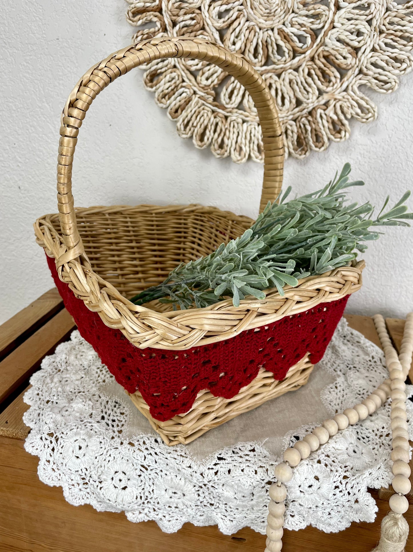 Vintage Wicker Basket with Red Fringe