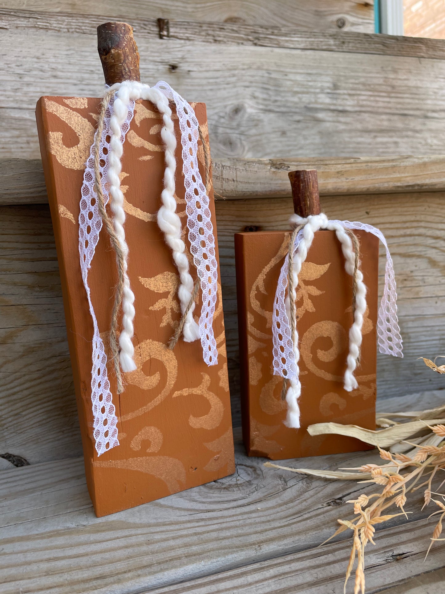 Handmade Reclaimed Rustic Orange & Metallic Pumpkin Set