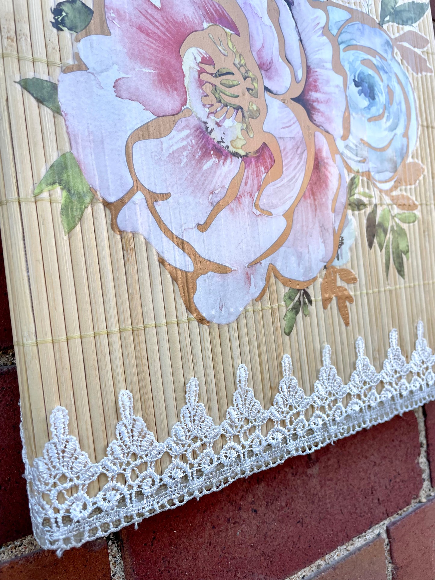 Handmade Boho Wicker Canvas Wall Hanging with Pink Flowers