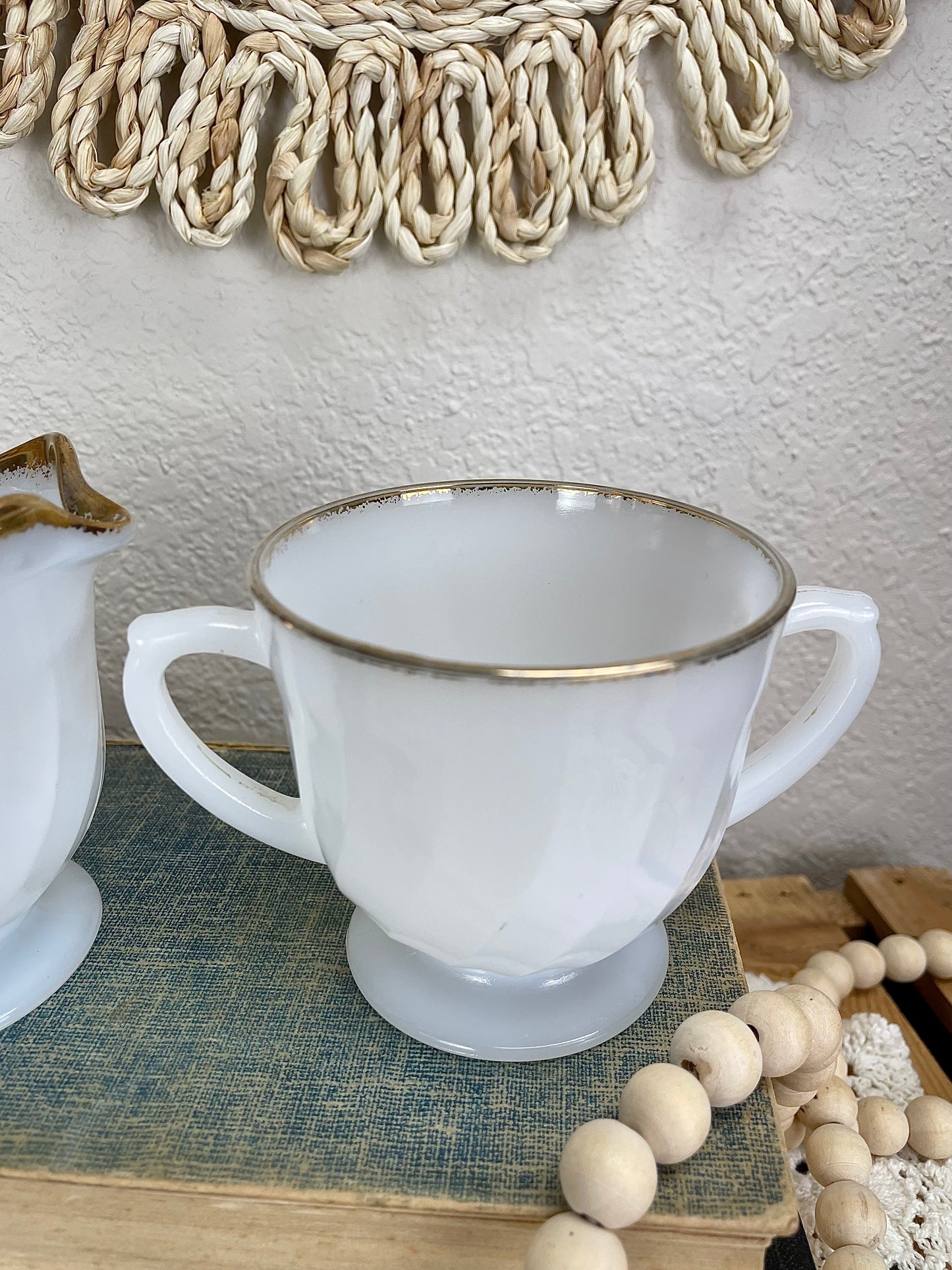 Vintage Fire King Milk Glass Creamer & Sugar Set