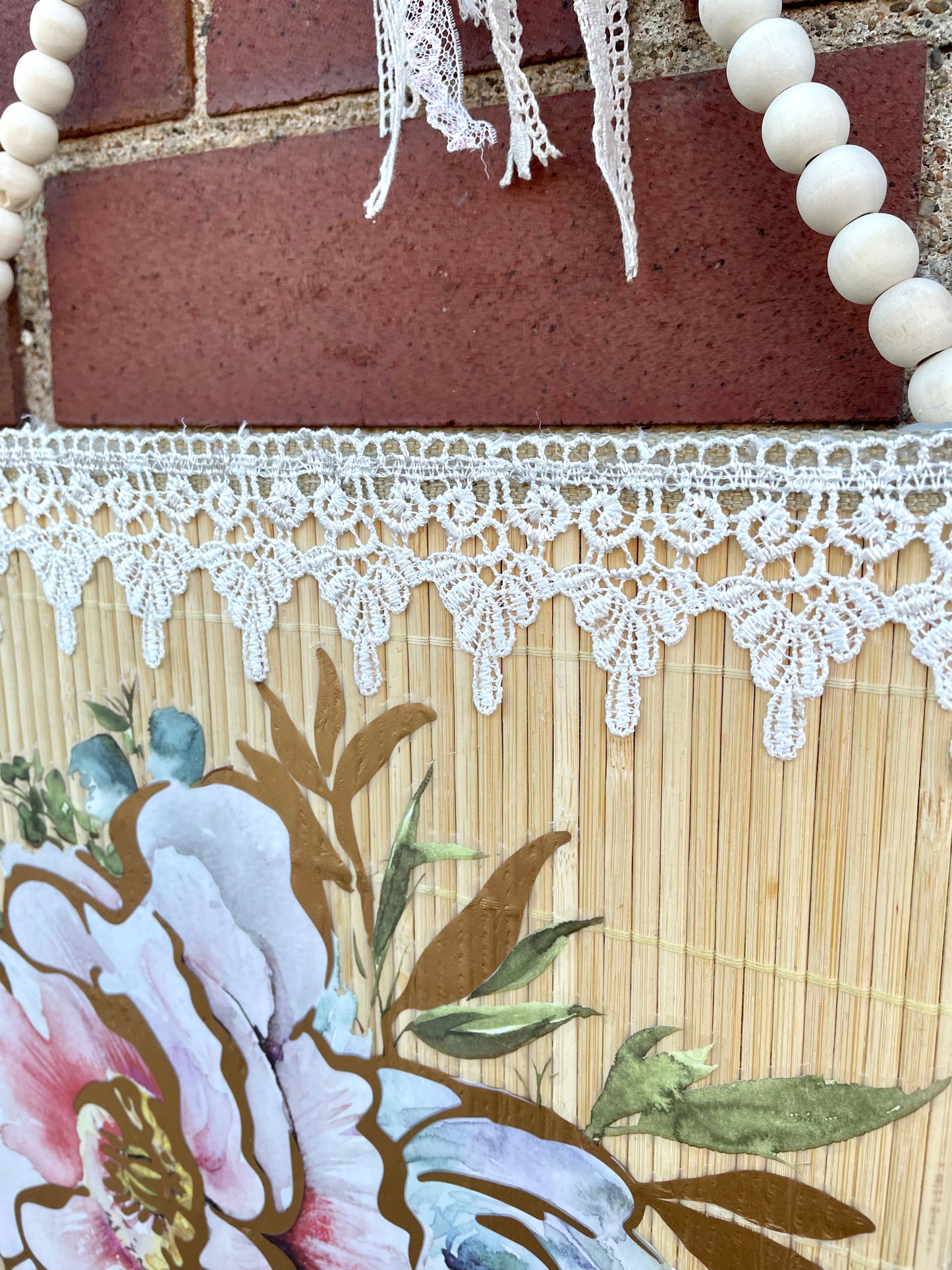 Handmade Boho Wicker Canvas Wall Hanging with Pink Flowers