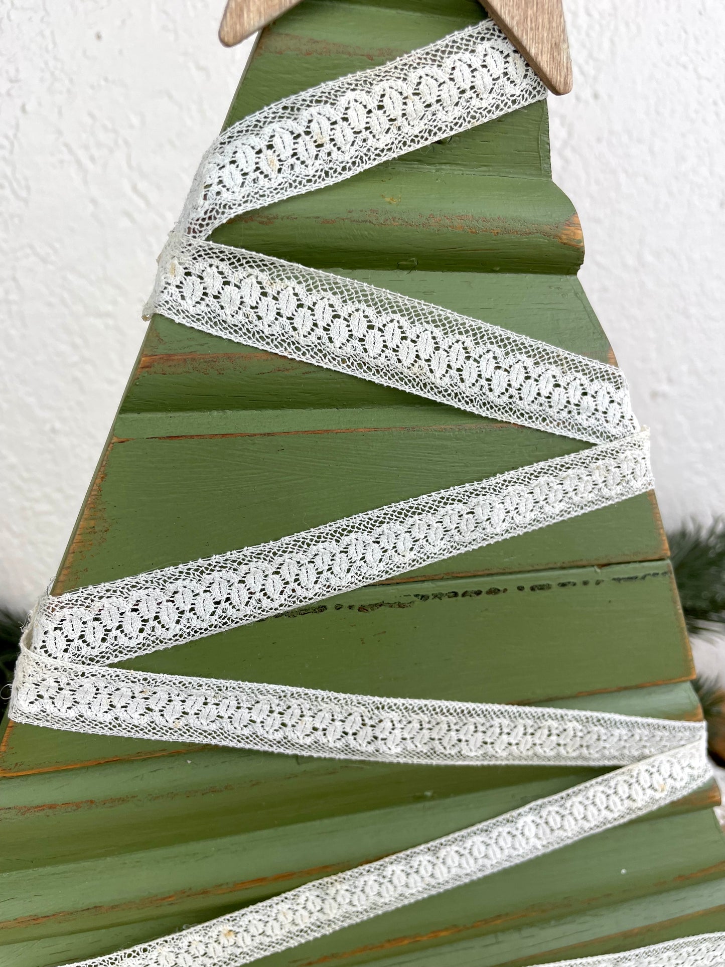 Upcycled Vintage Trim Olive Green Large Christmas Tree with Wood Star & Lace