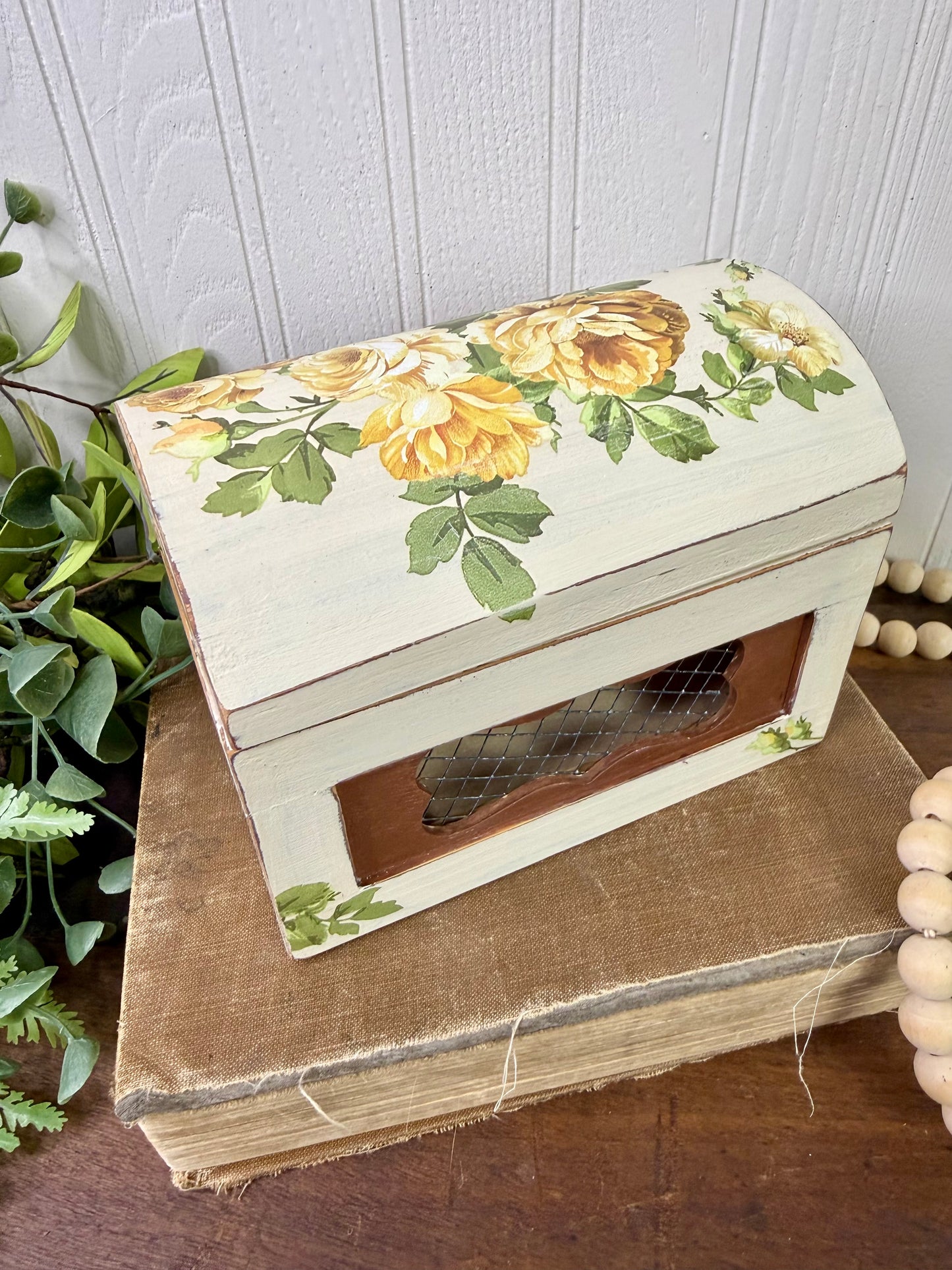 Upcycled Beige Rustic Trinket Box with Yellow Roses
