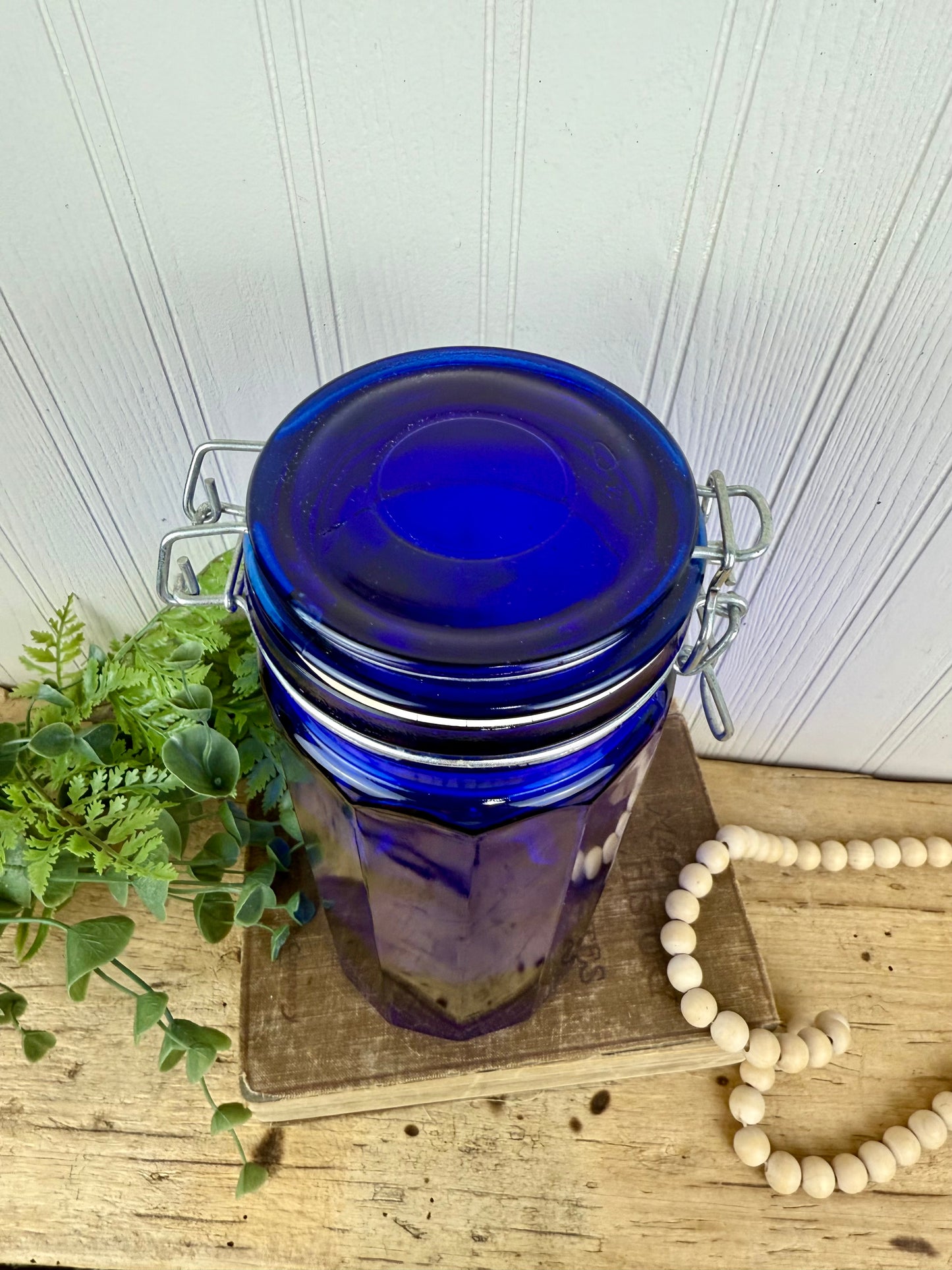 Vintage Cobalt Blue Glass Canister with Wire Clasp