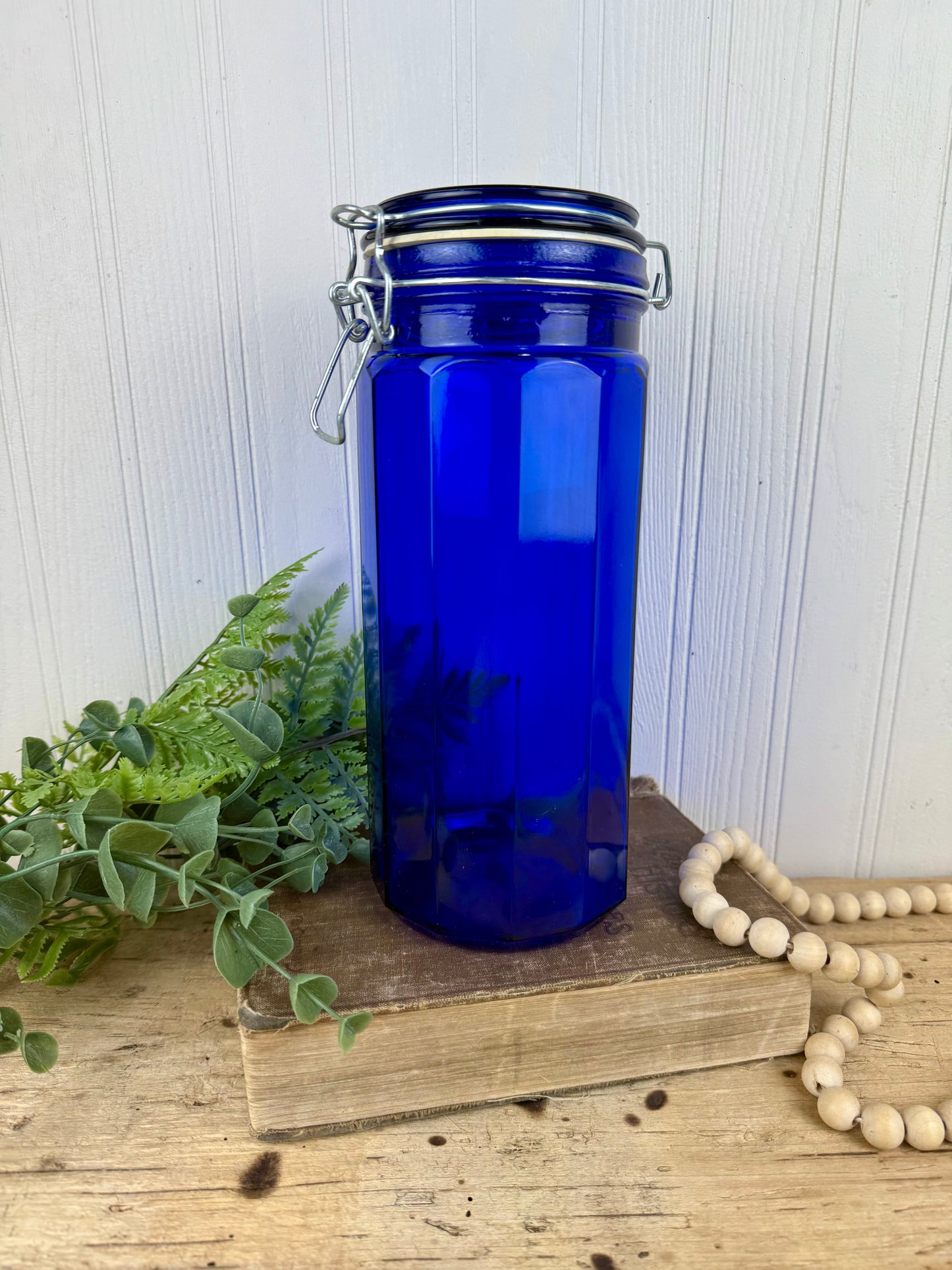 Vintage Cobalt Blue Glass Canister with Wire Clasp