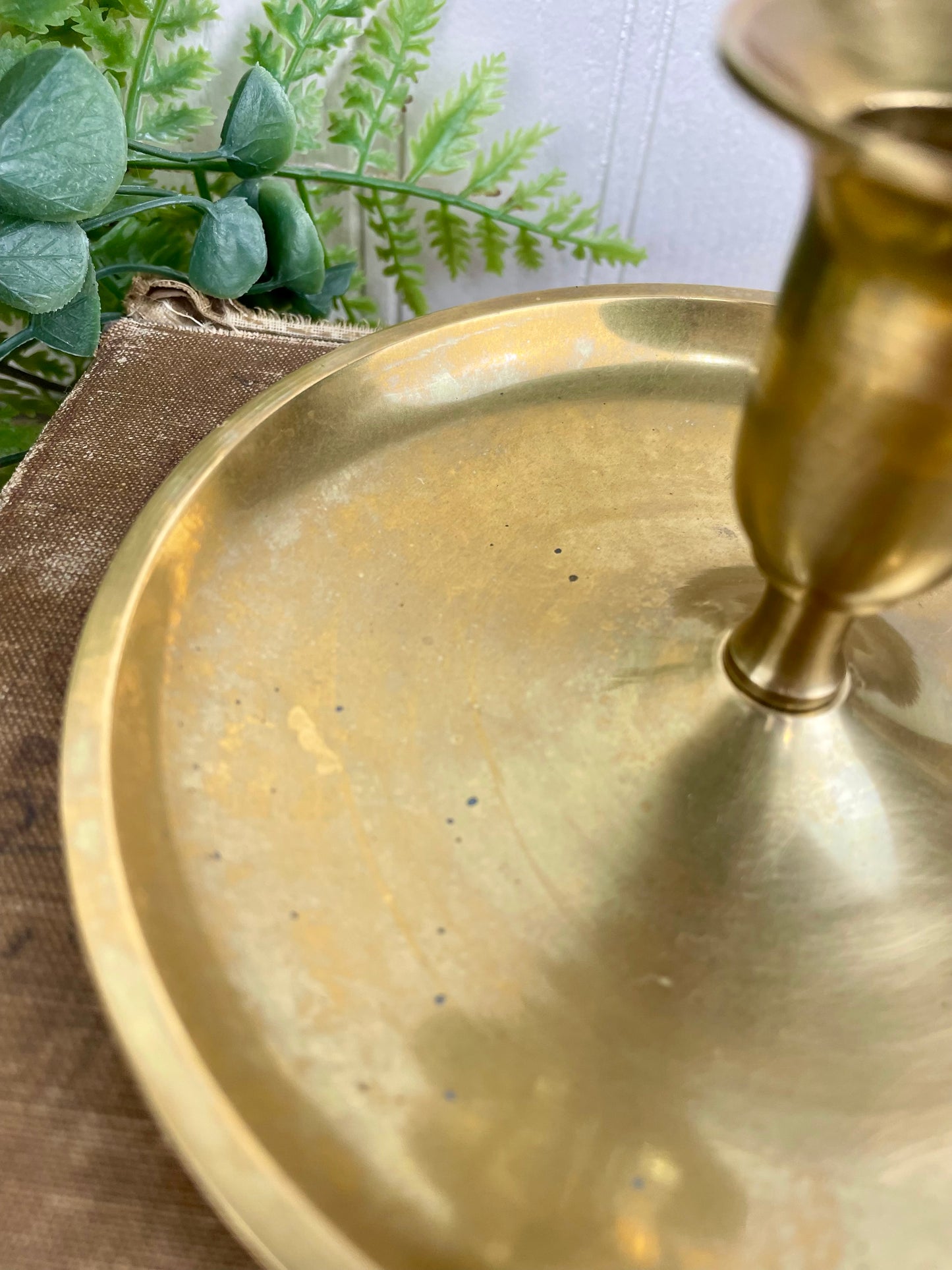 Vintage Tarnished Brass Candle Holder with Drip Plate