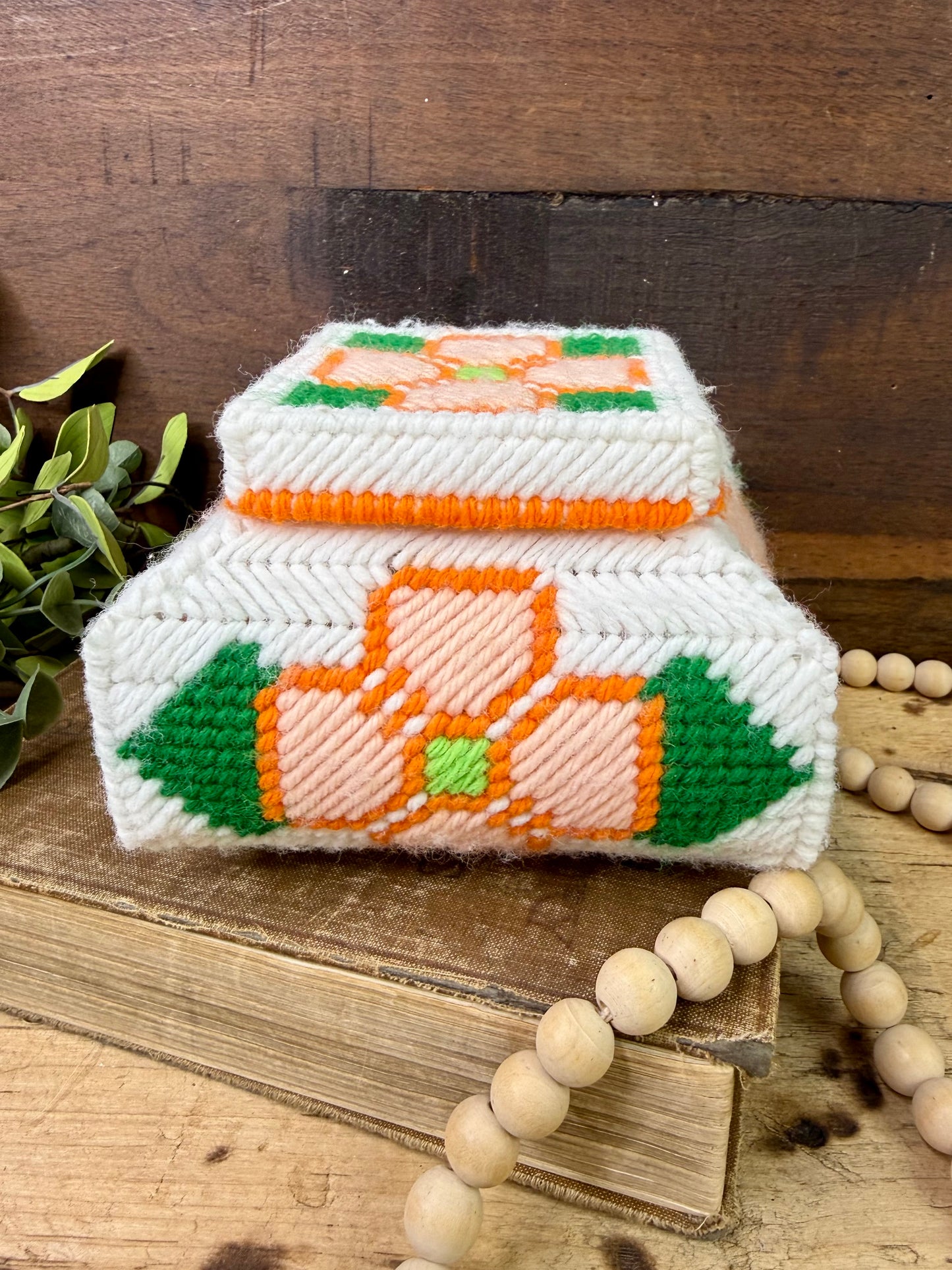 Vintage Plastic Canvas Storage Box with Orange Flowers