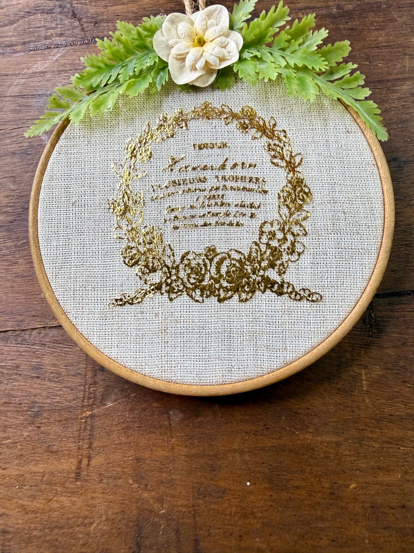 Upcycled Embroidery Hoop Wall Art with Vintage Label