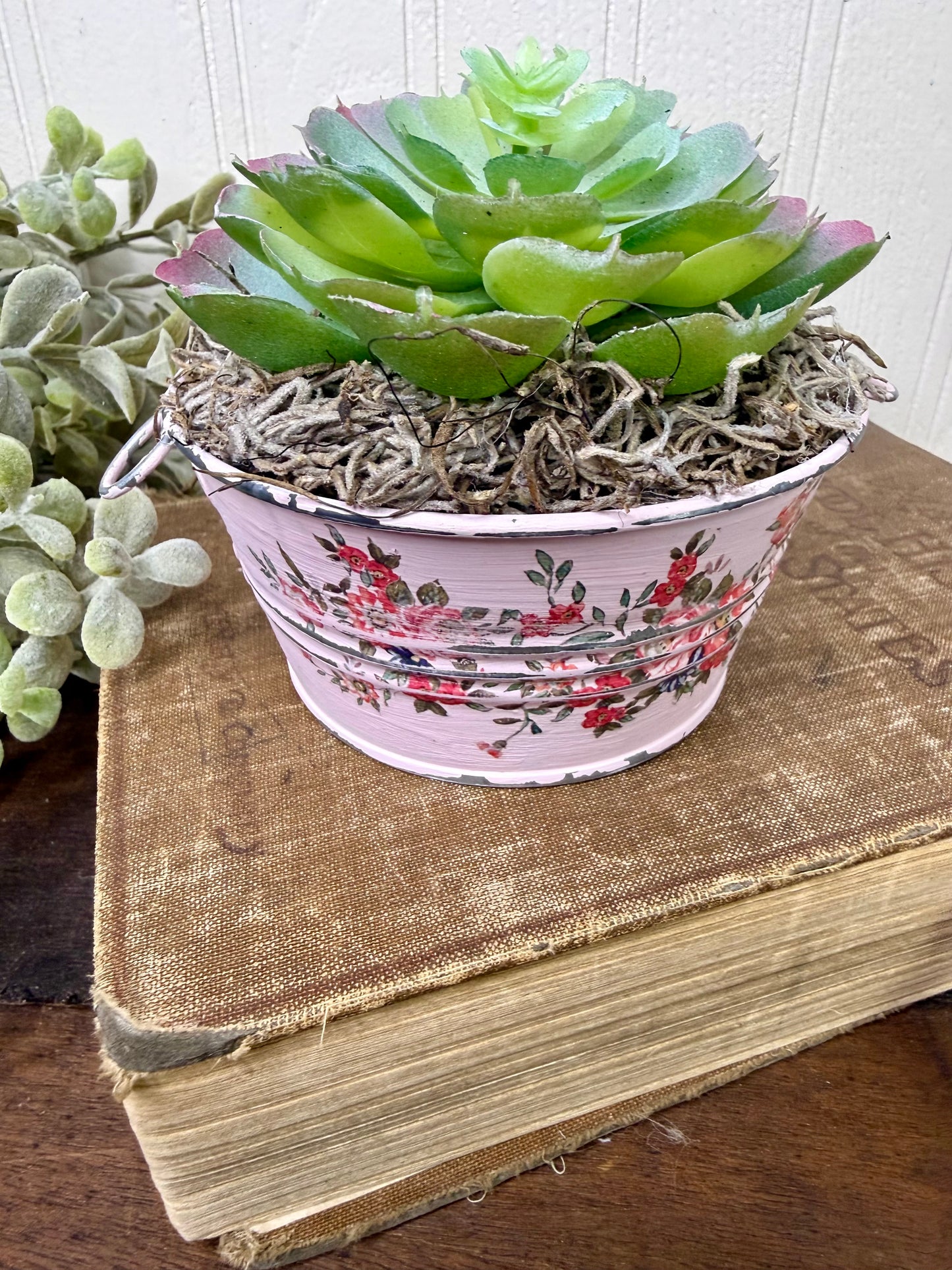 Upcycled Mini Washtub Faux Succulent Plant- Pink