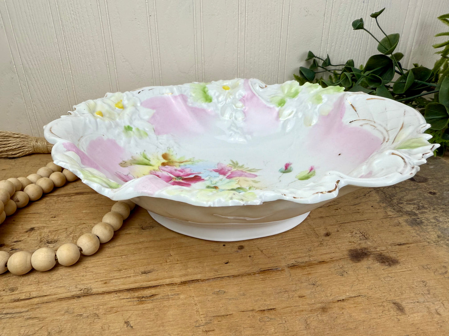 Antique Porcelain Serving Bowl with Hand Painted Florals