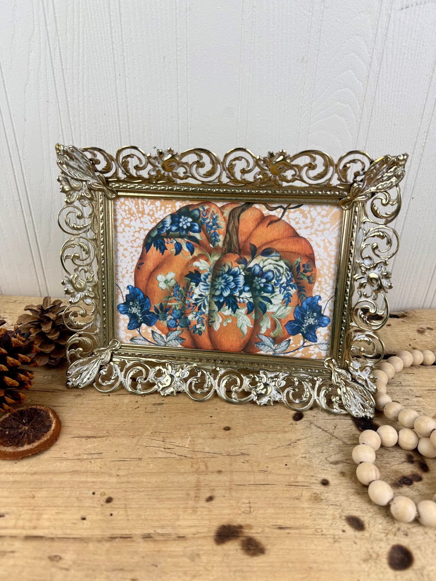 Vintage Brass Frame with Pumpkin Art