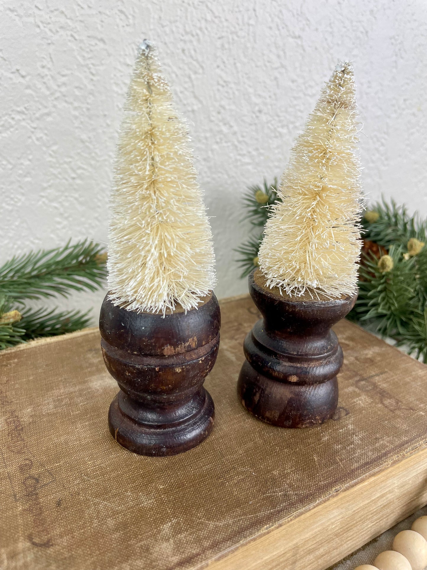 White Bottle Brush Tree Set with Wood Spindle Bases