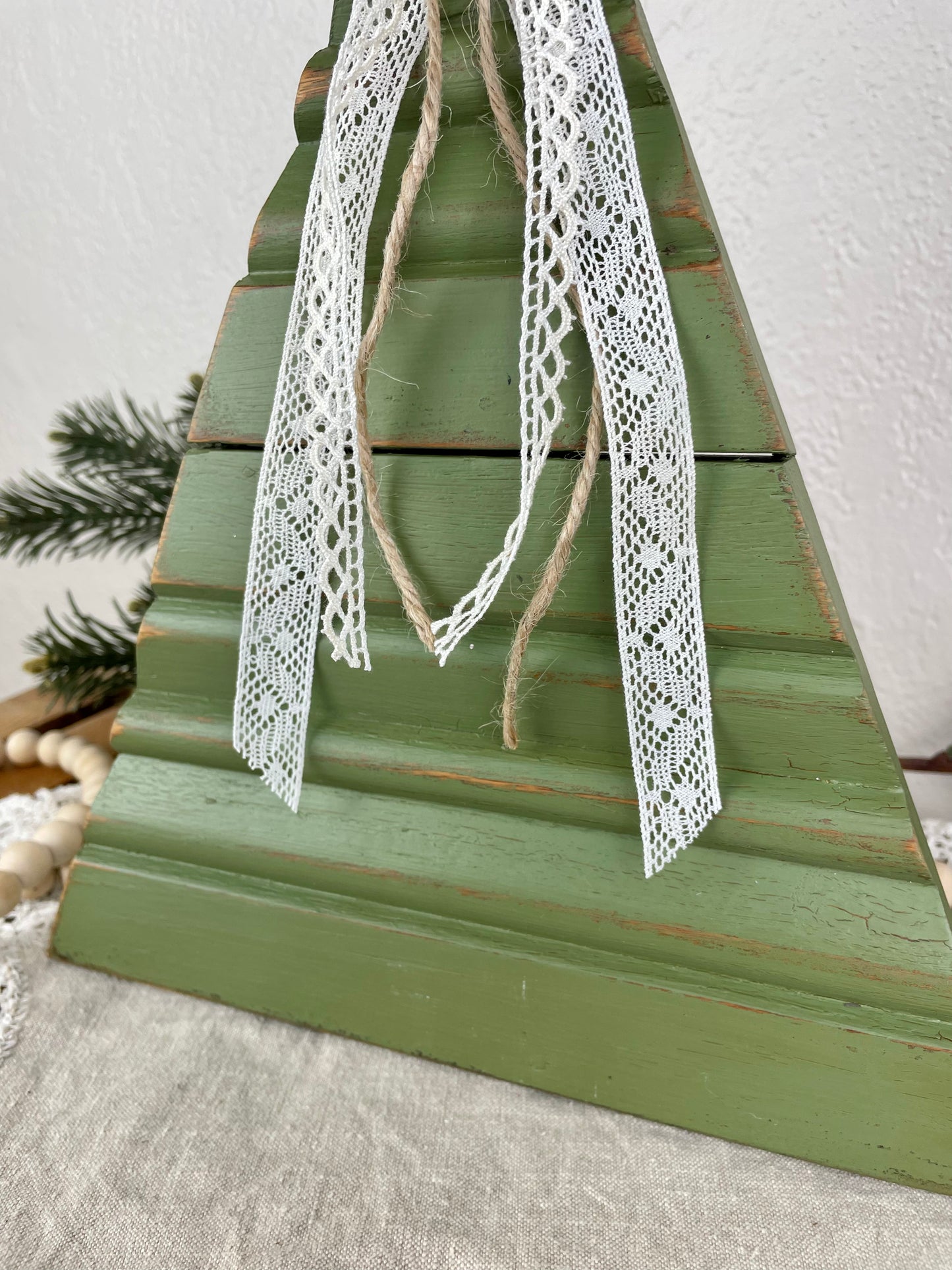 Upcycled Vintage Trim Olive Green Large Christmas Tree with Metallic Star