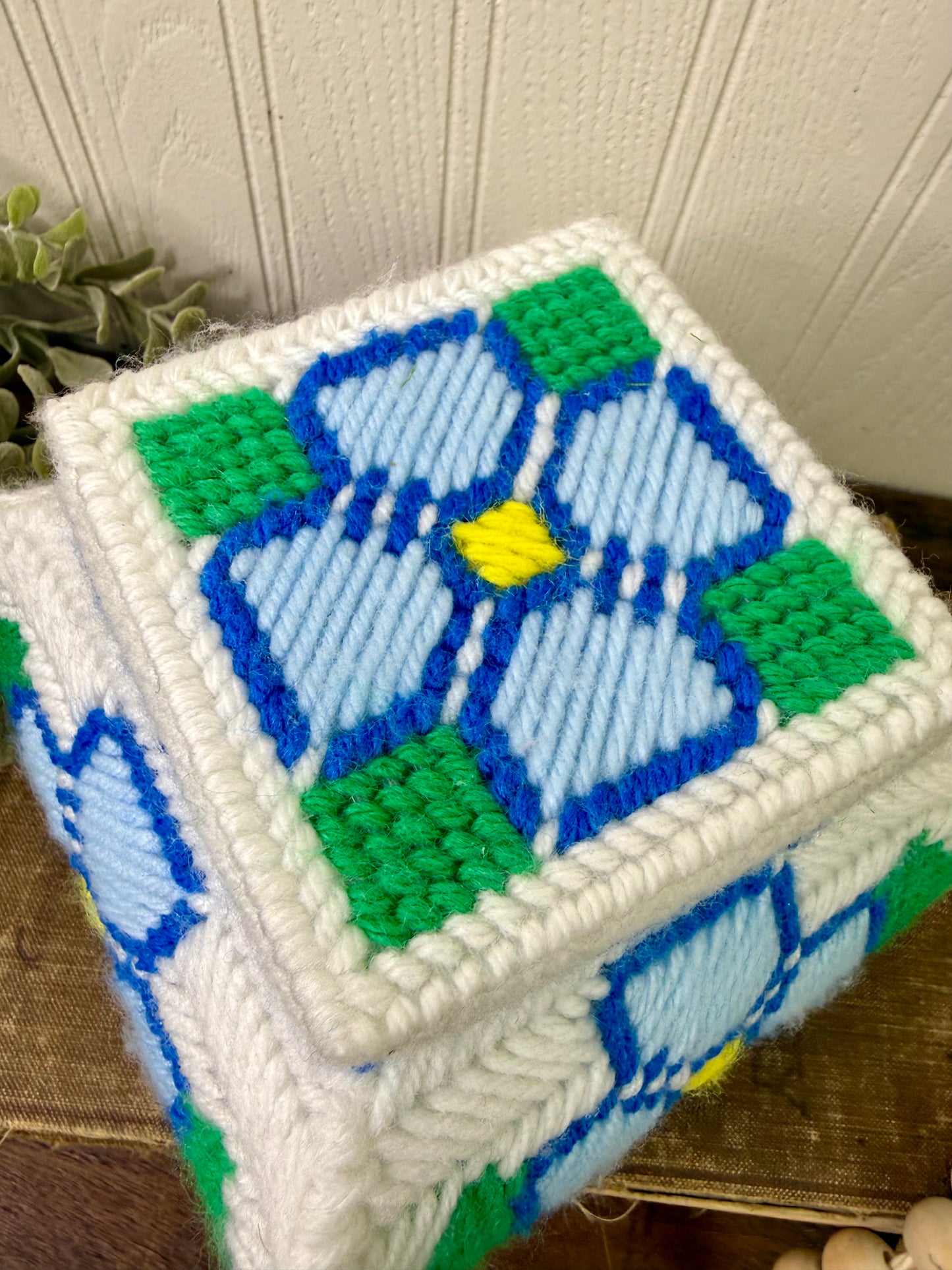 Vintage Plastic Canvas Storage Box with Blue Flowers