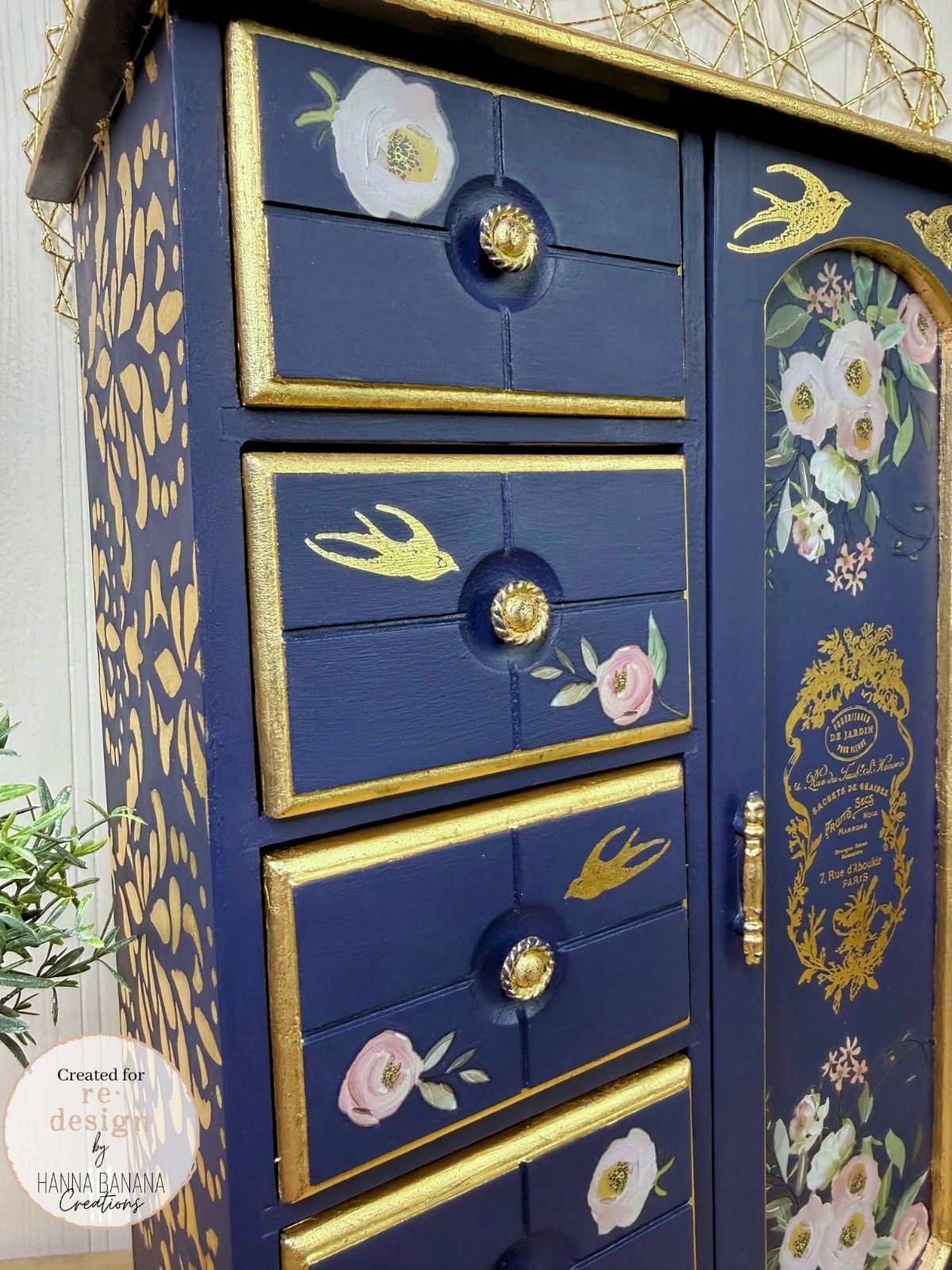 Upcycled Navy & Gold Jewelry Box with Pink Florals