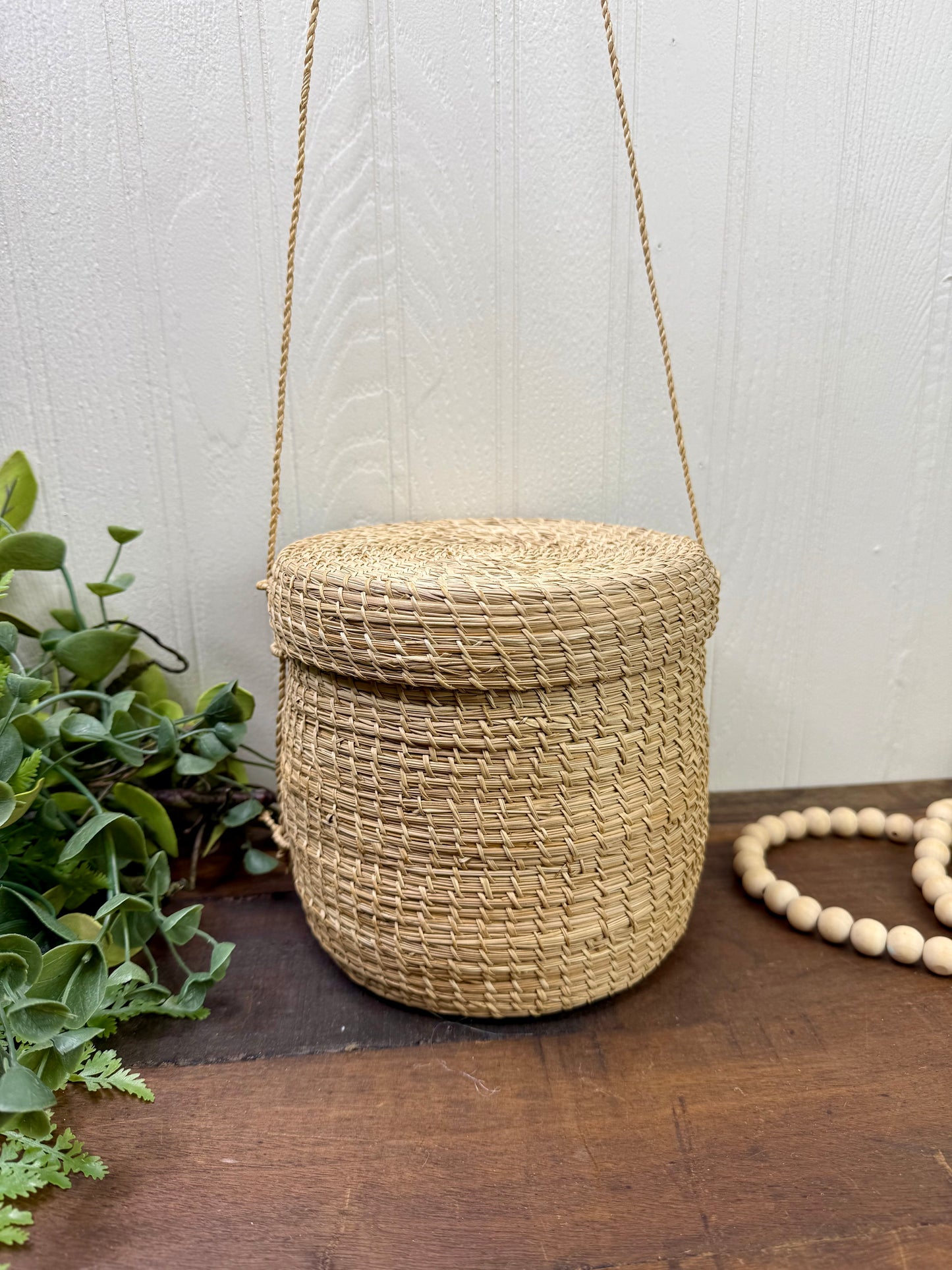 Vintage Hand Woven Hanging Basket with Lid
