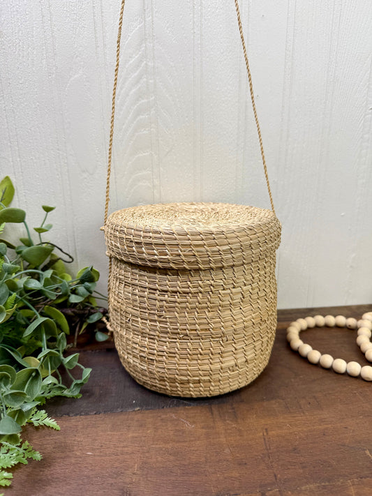 Vintage Hand Woven Hanging Basket with Lid