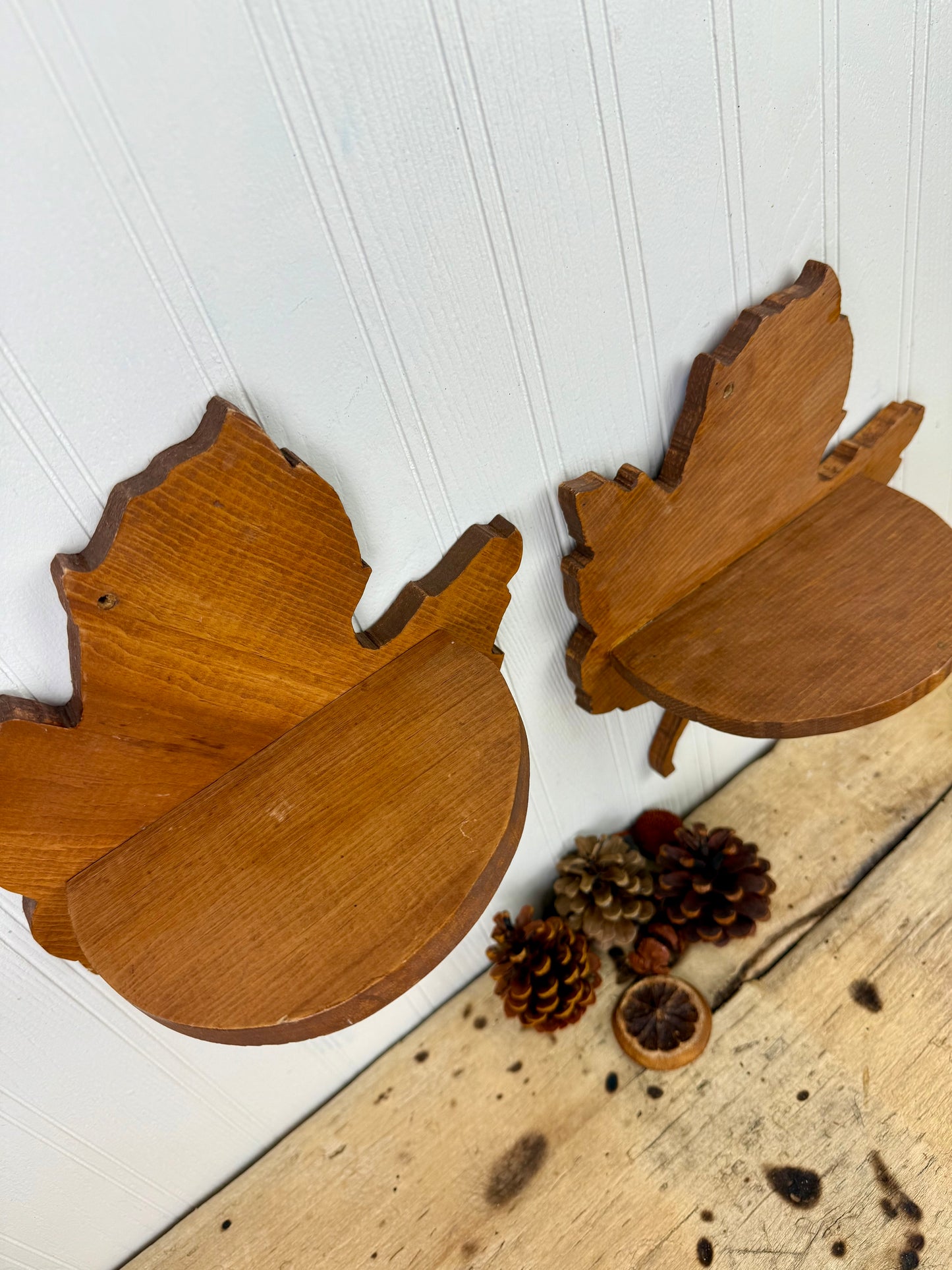 Vintage Handmade Wooden Maple Leaf Shelf Set
