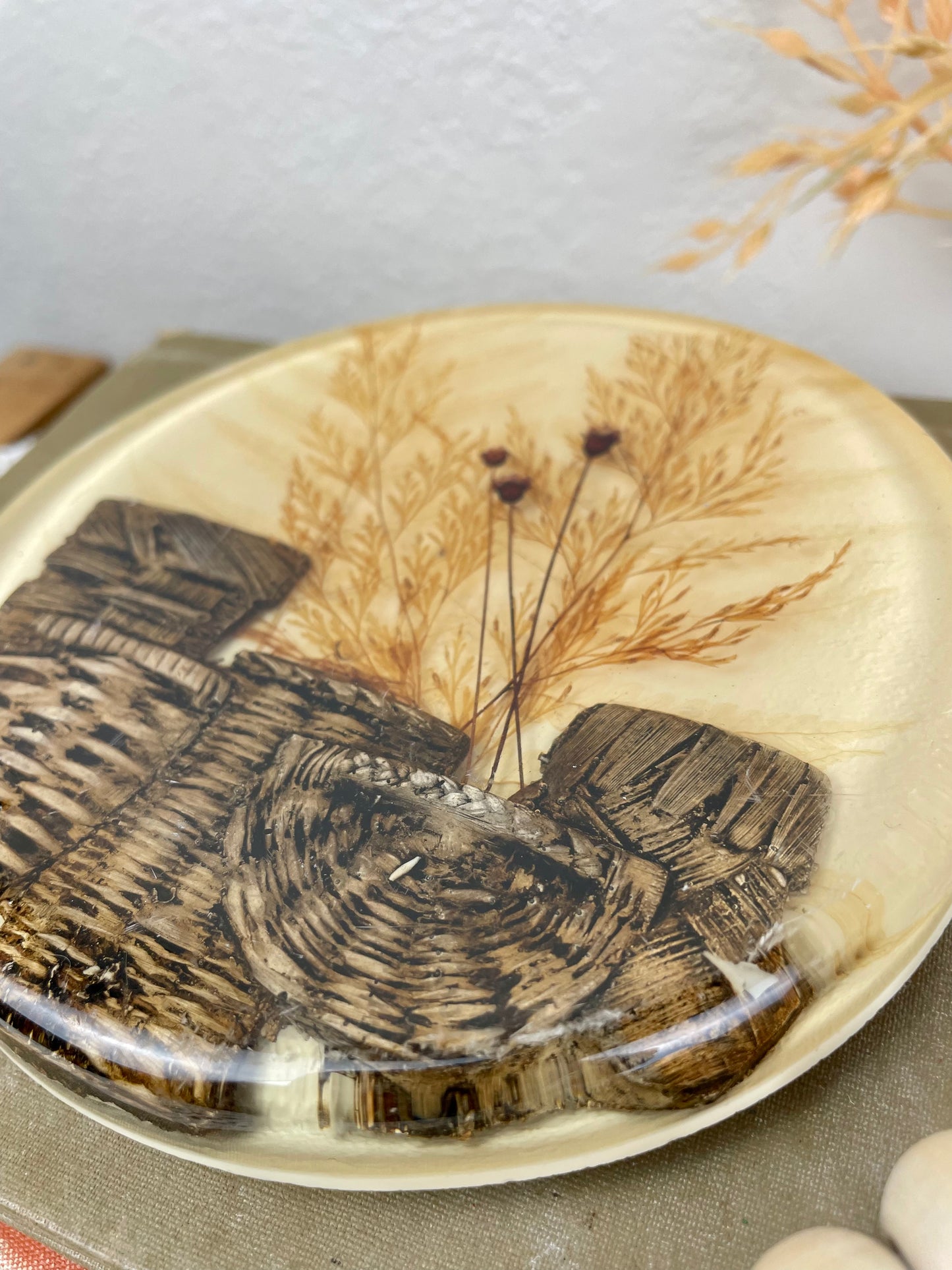 Vintage 1970’s Lucite Trivet with Dried Florals and Wicker Baskets