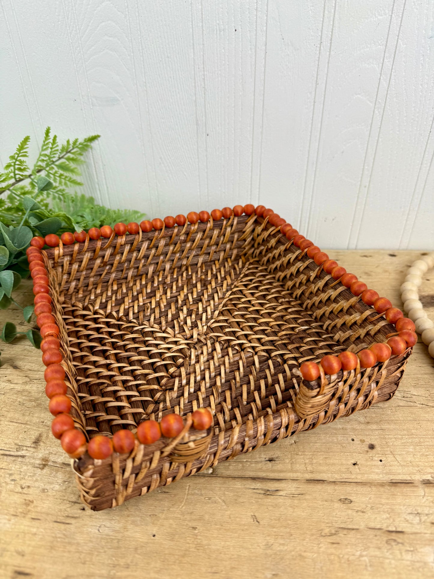 Vintage Wicker Napkin Basket with Beaded Trim