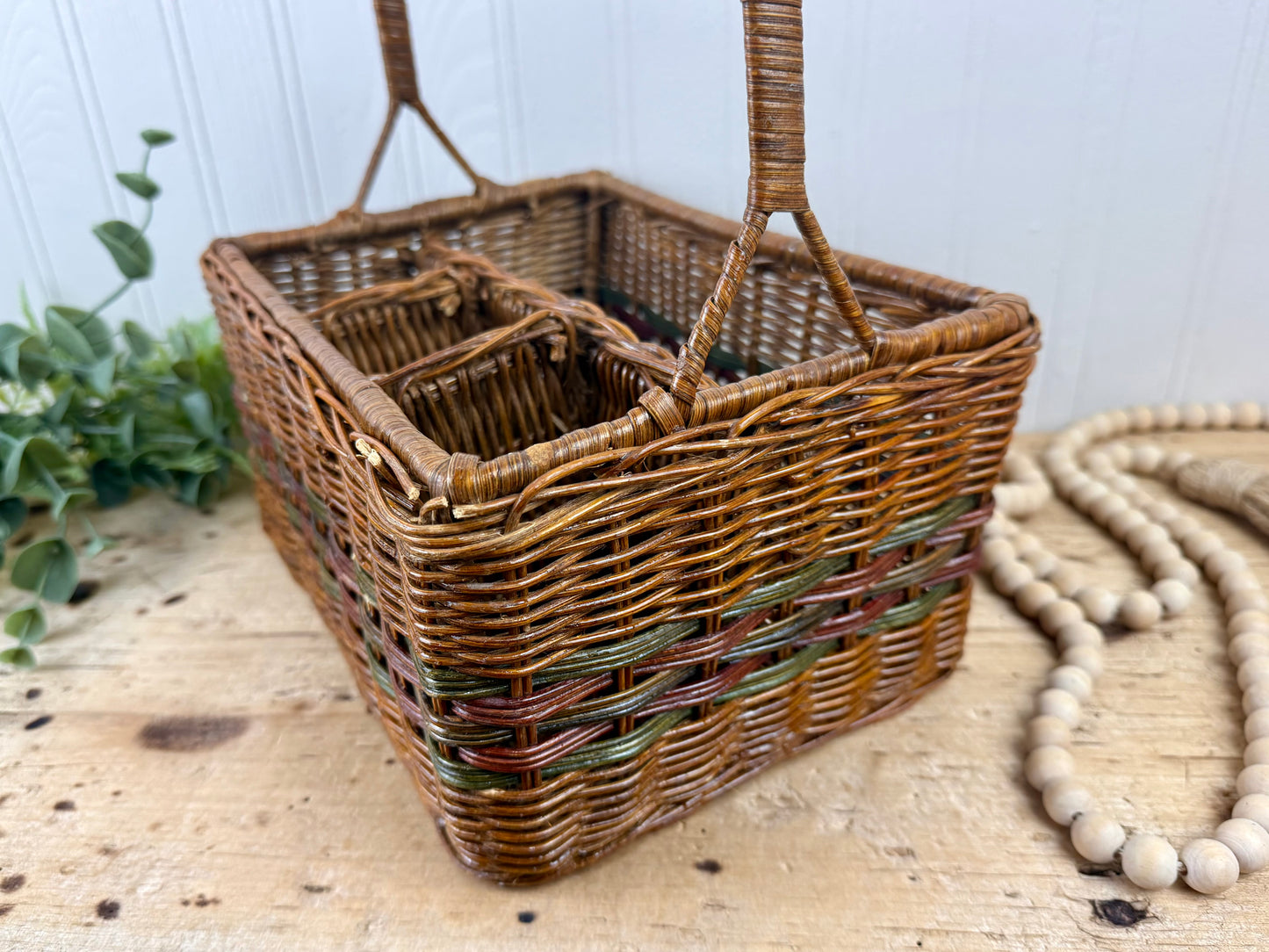 Vintage Divided Wicker Carrying Basket