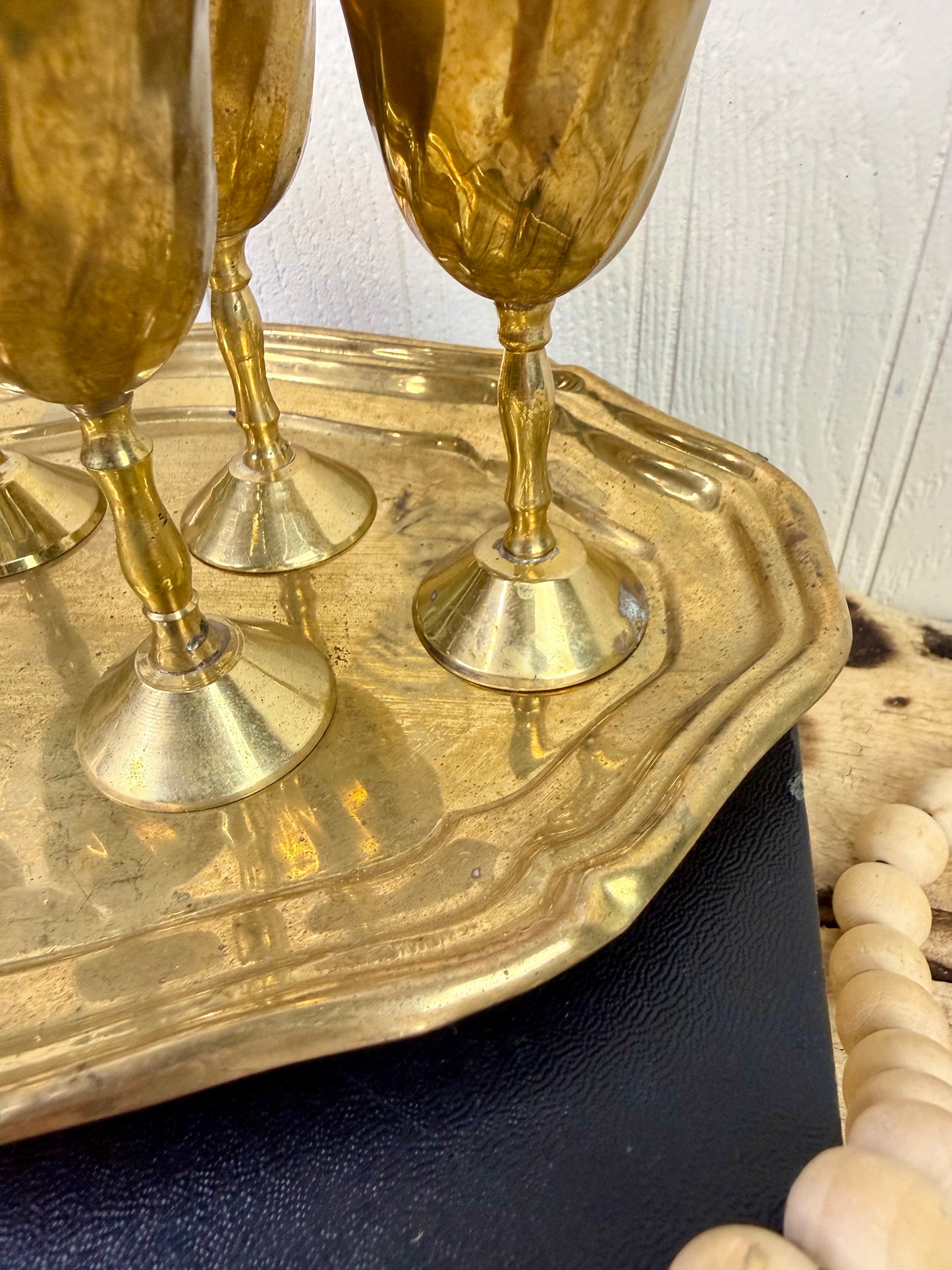 Vintage Mini Brass Barware Set with Goblets & Tray
