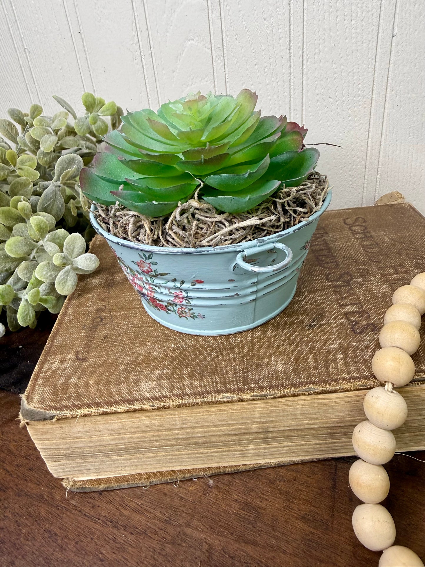 Upcycled Mini Washtub Faux Succulent Plant- Blue