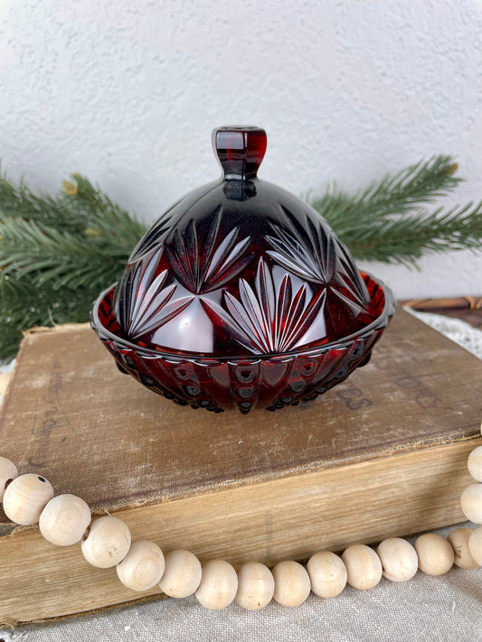 Vintage Ruby Red Glass Dish with Lid