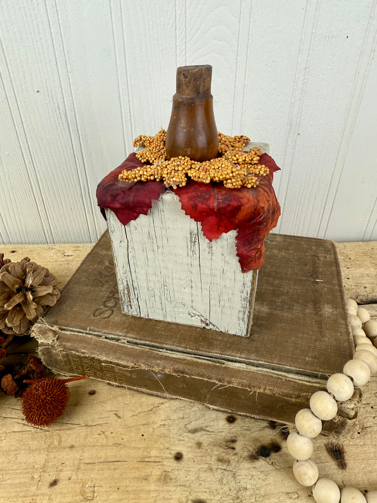 Handmade Block Beige Pumpkin with Spindle Stem