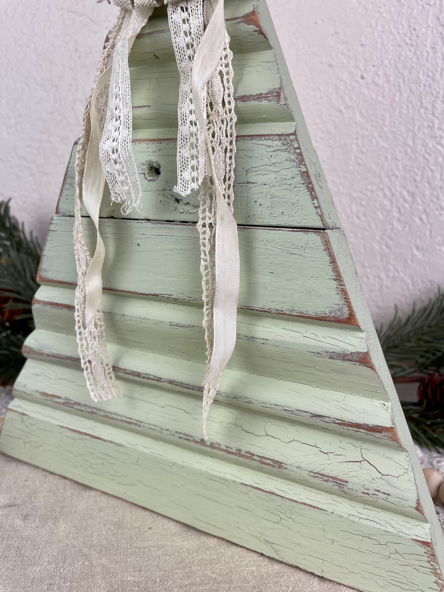 Upcycled Vintage Trim Sage Large Christmas Tree with Handmade Flower